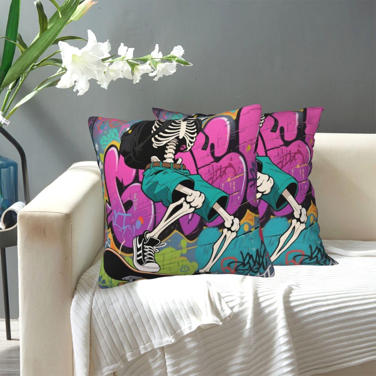 FekiLoot Decorative Throw Pillow Covers Modern Farmhouse Pillowcase Double Sided Cozy Cushion Cover for Sofa Couch Bed 16"X16" Skateboard Skeleton Skull