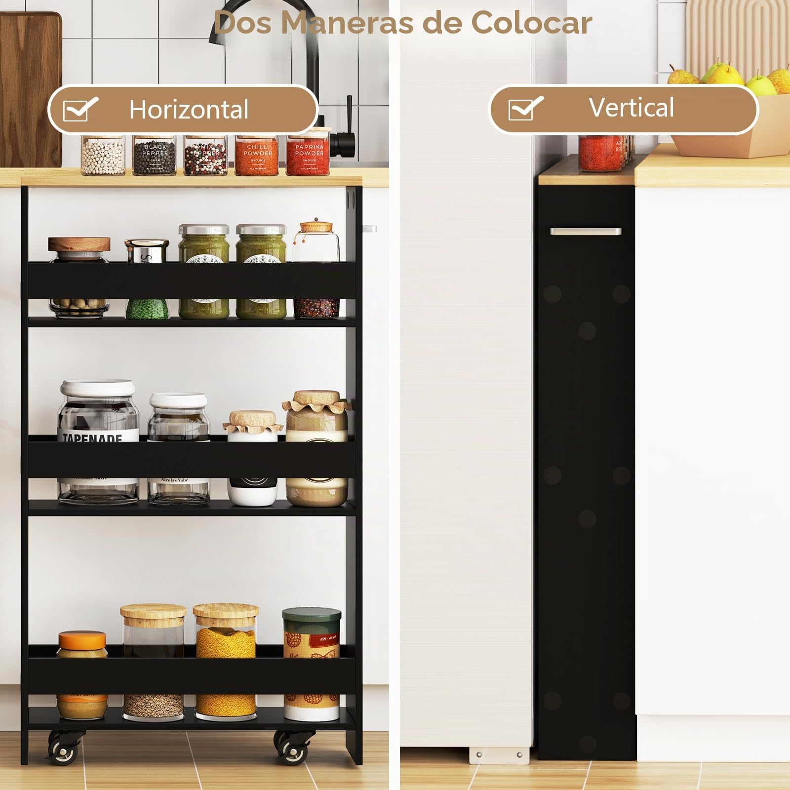 KOMFOTTEU Carro Estrecho de 4 Niveles con Ruedas, Carrito de Cocina con Asa, Carrito para Ahorrar Espacio para BAÑO, Dormitorio, Estantería Móvil de Almacenamiento, 47,5 x 20 x 80,5 cm (Negro)