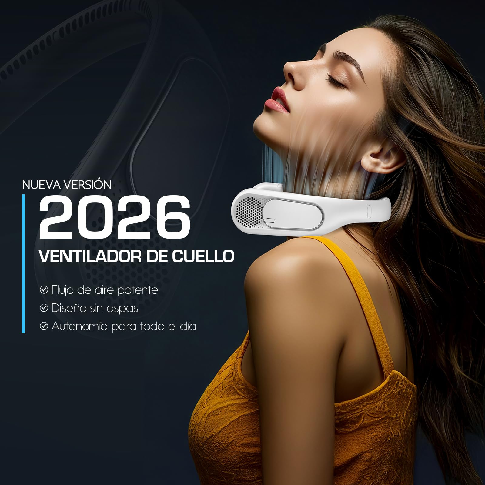 Ventilador de Cuello 6000mAh, Ventilador Cuello Sin Aspas Portátil, 4 Velocidades, Recargable USB, Larga Autonomía, para Viajes, Oficina y Exterior