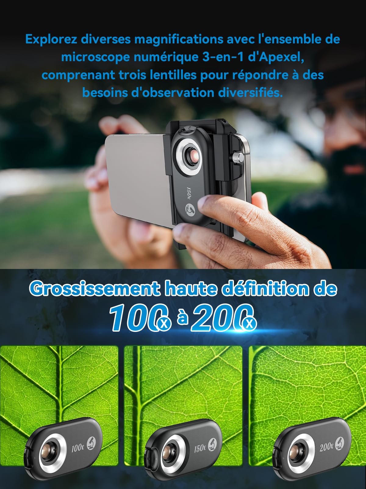 APEXEL 3in1 Microscope Telephone Portable,100-200X téléphone Microscope pour Smartphone,Explorez Le Monde microscopique avec Le pour Smartphone