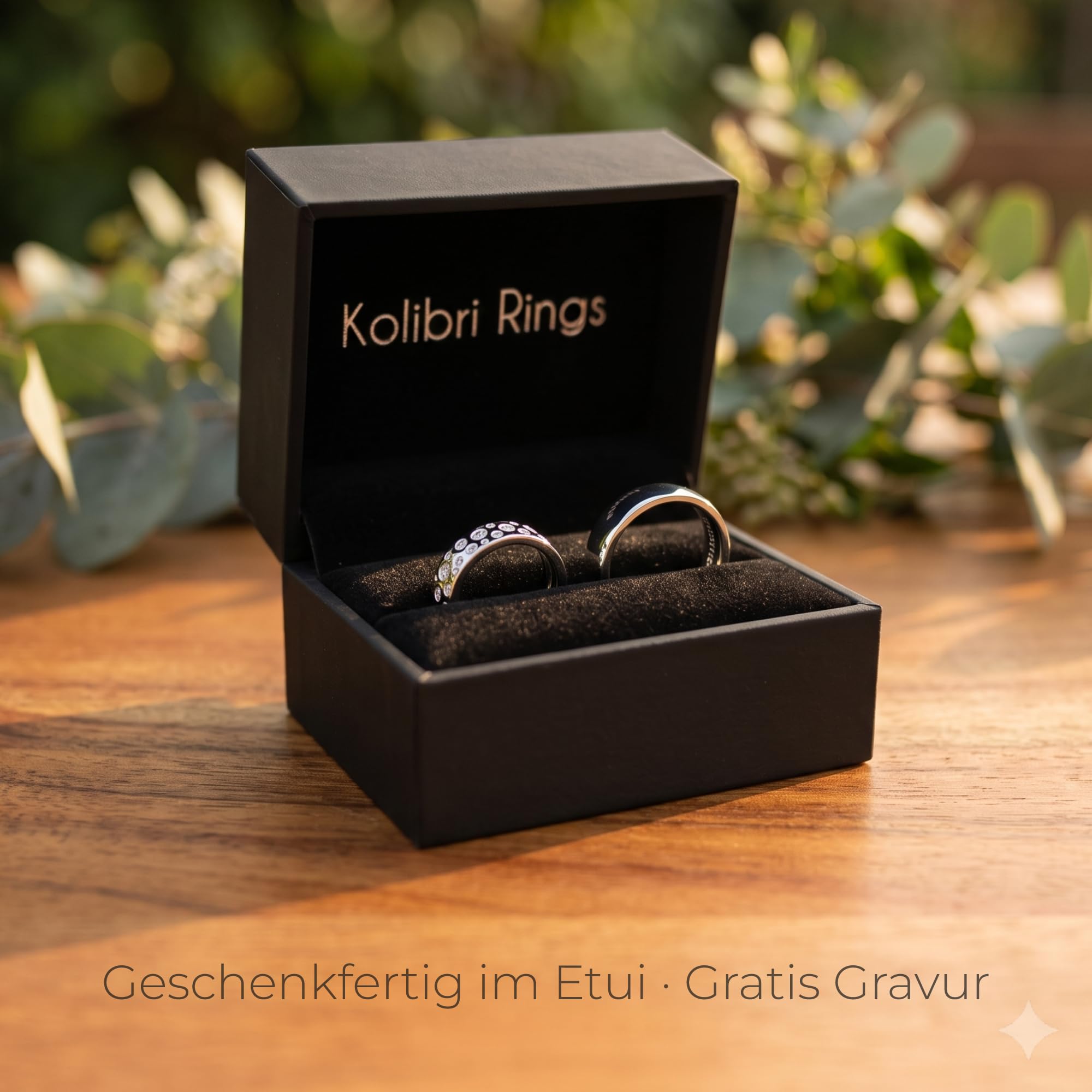 Kolibri Rings Eheringe Set Silber 925 15 Zirkonia Steine - Gravur und Etui