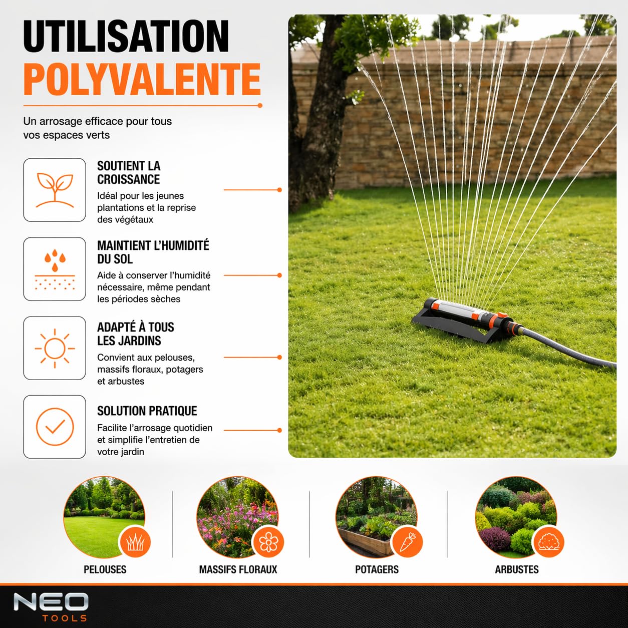 NEO TOOLS Arroseur oscillant de Jardin 18 Buses, Surface d’arrosage Jusqu’à 15 x 19 m, réglage précis de l’Angle et de la Largeur, Cadre Robuste en Plastique