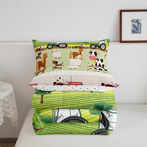 Miniatura 5 de Juego de ropa de cama de tractor para niños de tamaño individual para niños pequeños, lindo juego de edredón de animales de granja de dibujos