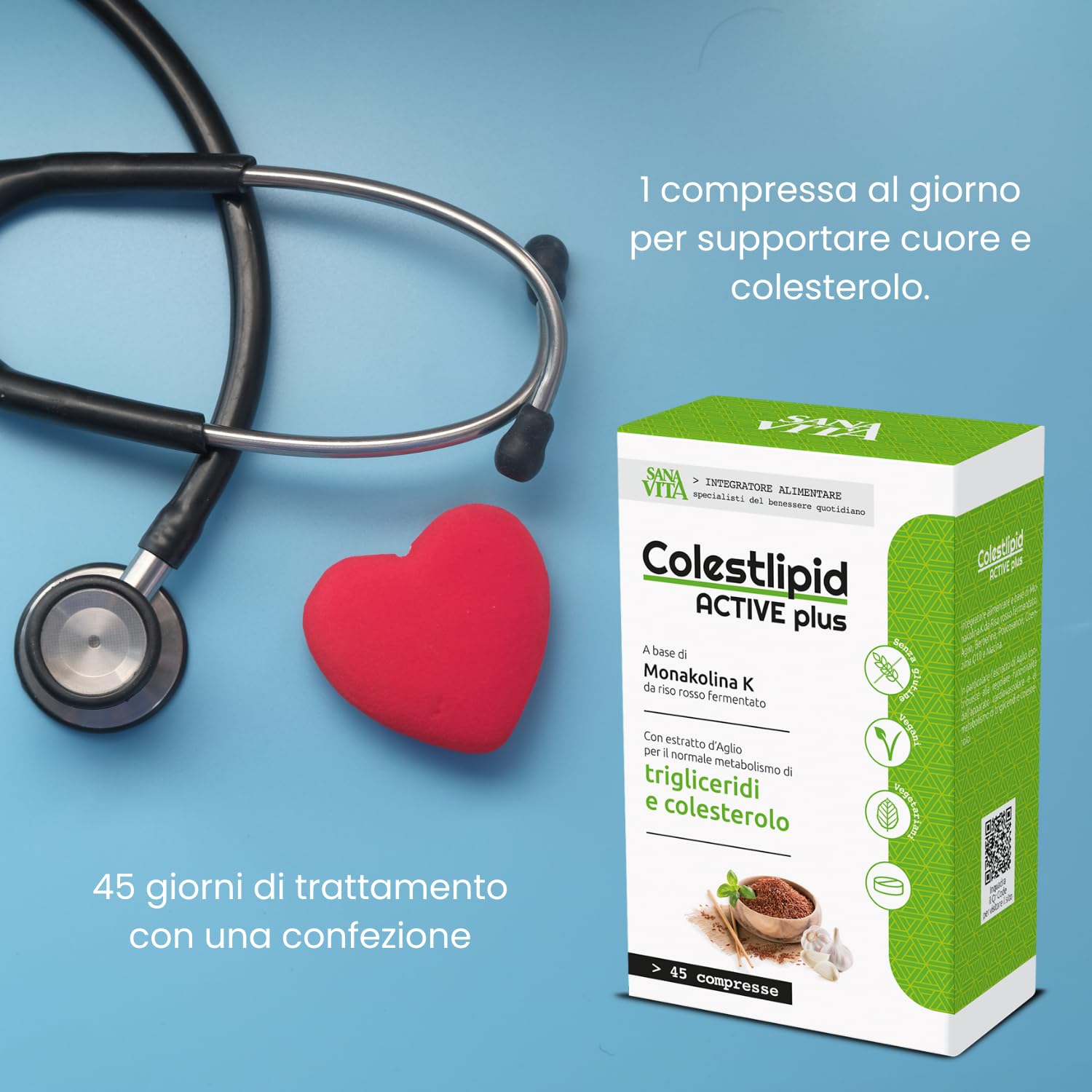 Sanavita Colestlipid Active Plus Integratore Alimentare con Monakolina K da riso rosso fermentato e con estratto d'aglio 45 comresse - Senza glutine
