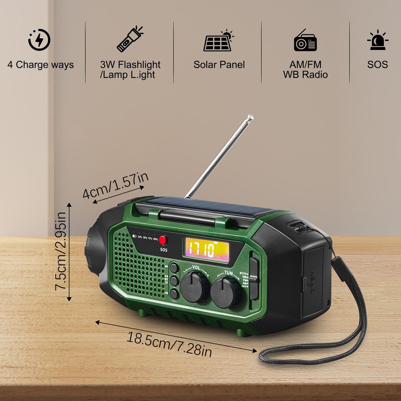 Radio Solar con Carga Solar Radio Meteorológico De Emergencia con Manivela | Altavoz Inalámbrico Para Camping, Senderismo, Viajes Y Hogar Para Jóvenes Y Personas Mayores