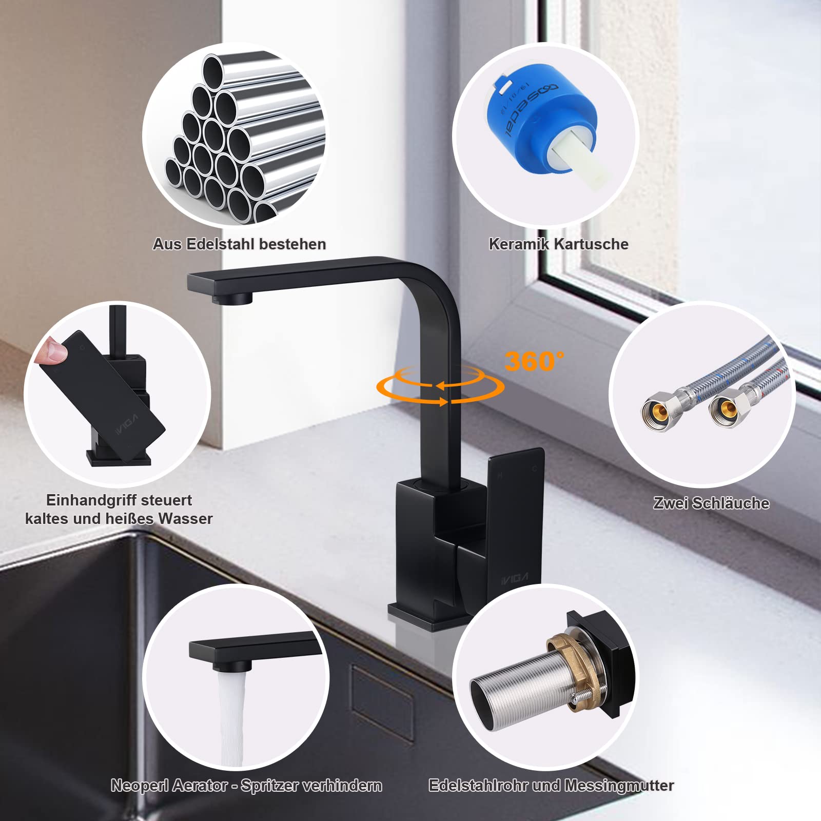 iVIGA rubinetto cucina, miscelatore lavabo girevole 360° Miscelatore cucina in acciaio inox con 2 tubi, miscelatore, lavabo con cartuccia in ceramica adatto per bagno, cucina, casa mobile
