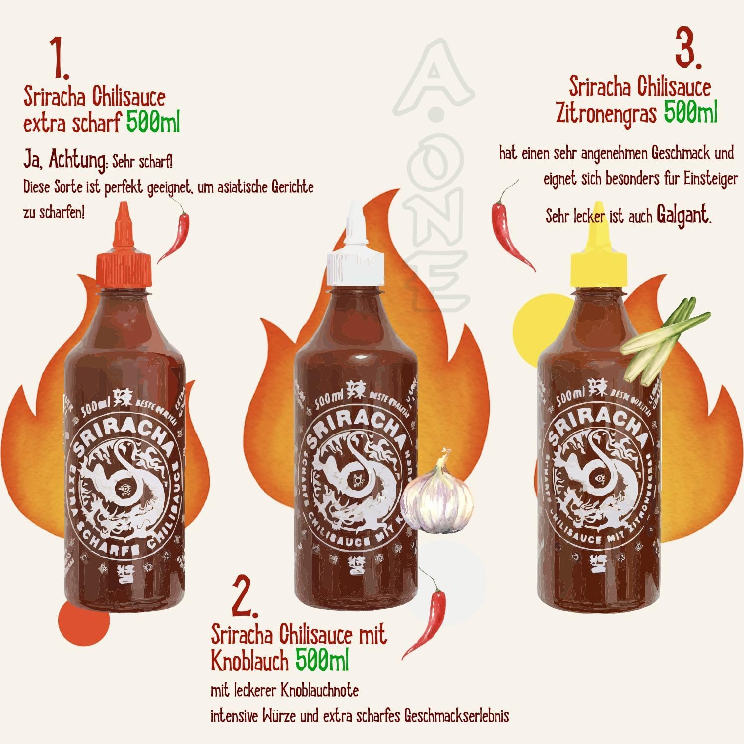 A-ONE Sriracha sos 12 sztuk x 500 ml – sos chili o 6 smakach po 2 butelki – klasyczny, super hot, czosnek, trawa cytrynowa, imbir, zielony – opakowanie ekonomiczne – wegetariański