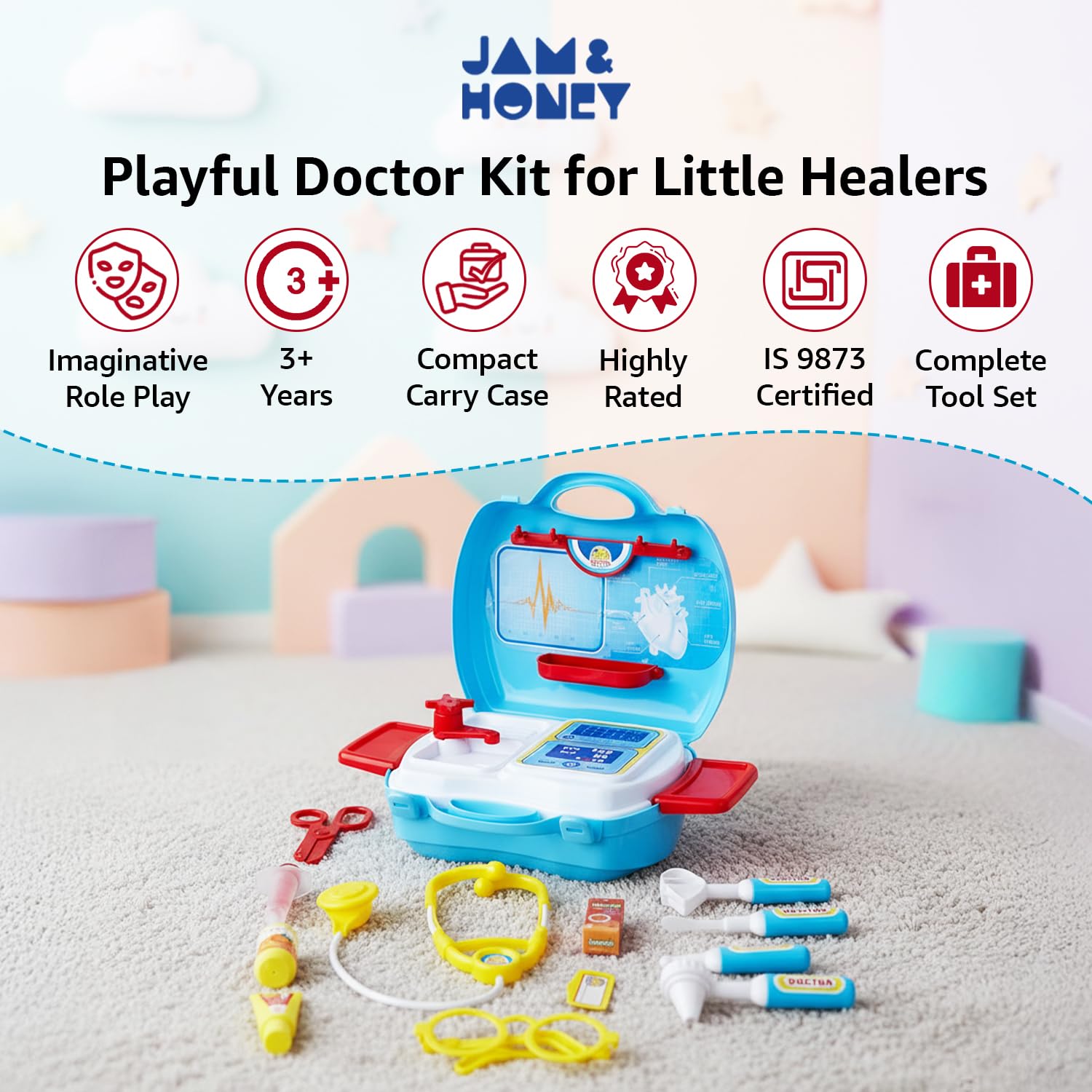 Jam & Honey Suitcase Doctor Set Toy for Kids 3+ Years, Portable Pretend Play Medical Kit with Accessories, Role Play Doctor Set for Boys & Girls, BIS Certified Safe 1