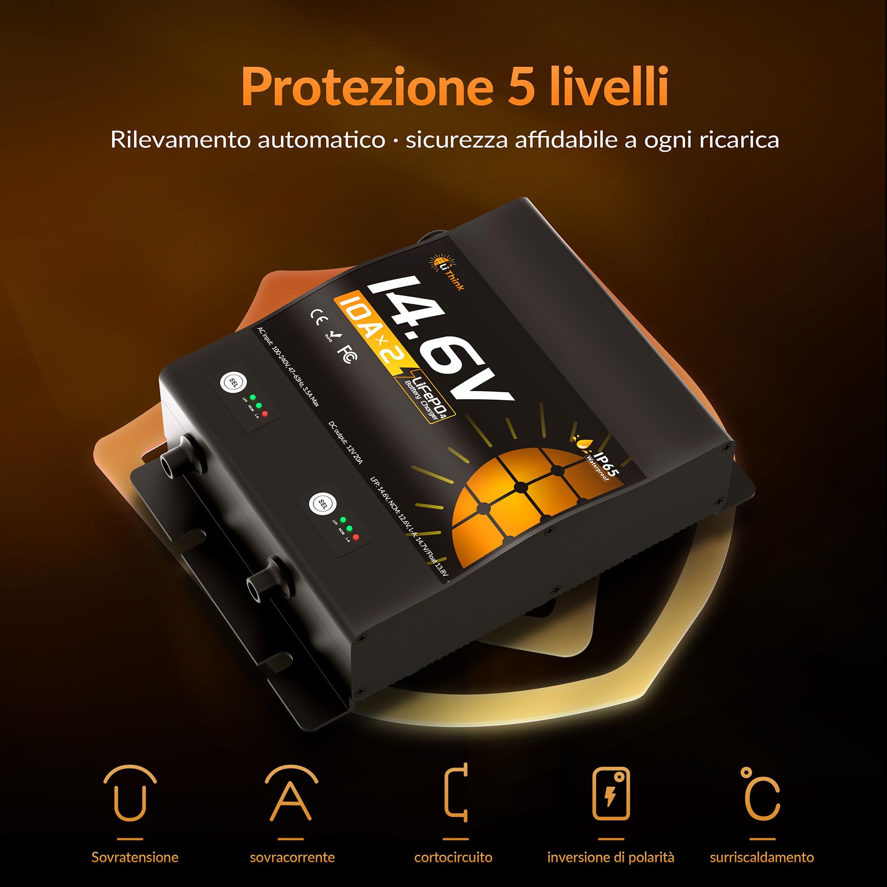 Caricabatterie 14,6V 10A a 2 canali, impermeabile IP65