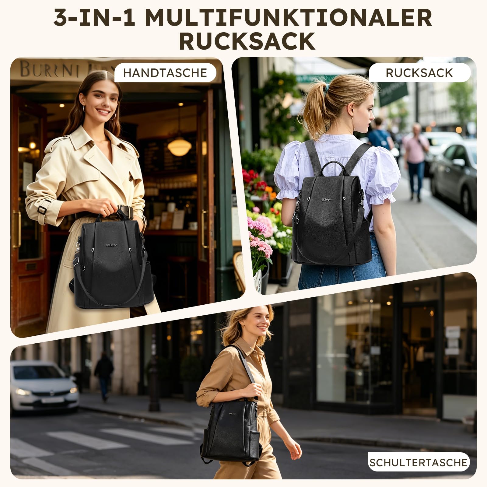 Eshow Rucksack Damen Klein aus Echtleder Diebstahlschutz 3-in-1 Schwarz | Cityrucksack für Freizeit Alltag Pendeln Schule Arbeit Reisen Büro Einkaufen, Wasserabweisend, Elegant, Modern