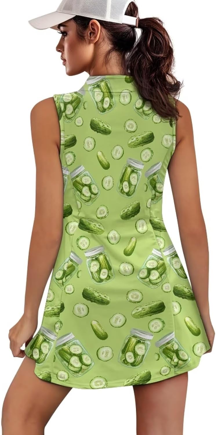 Womens Zipper Collared Tennis Dresses Built in Shorts Sleeveless Golf Outfits Athletic Workout Dress with Pockets