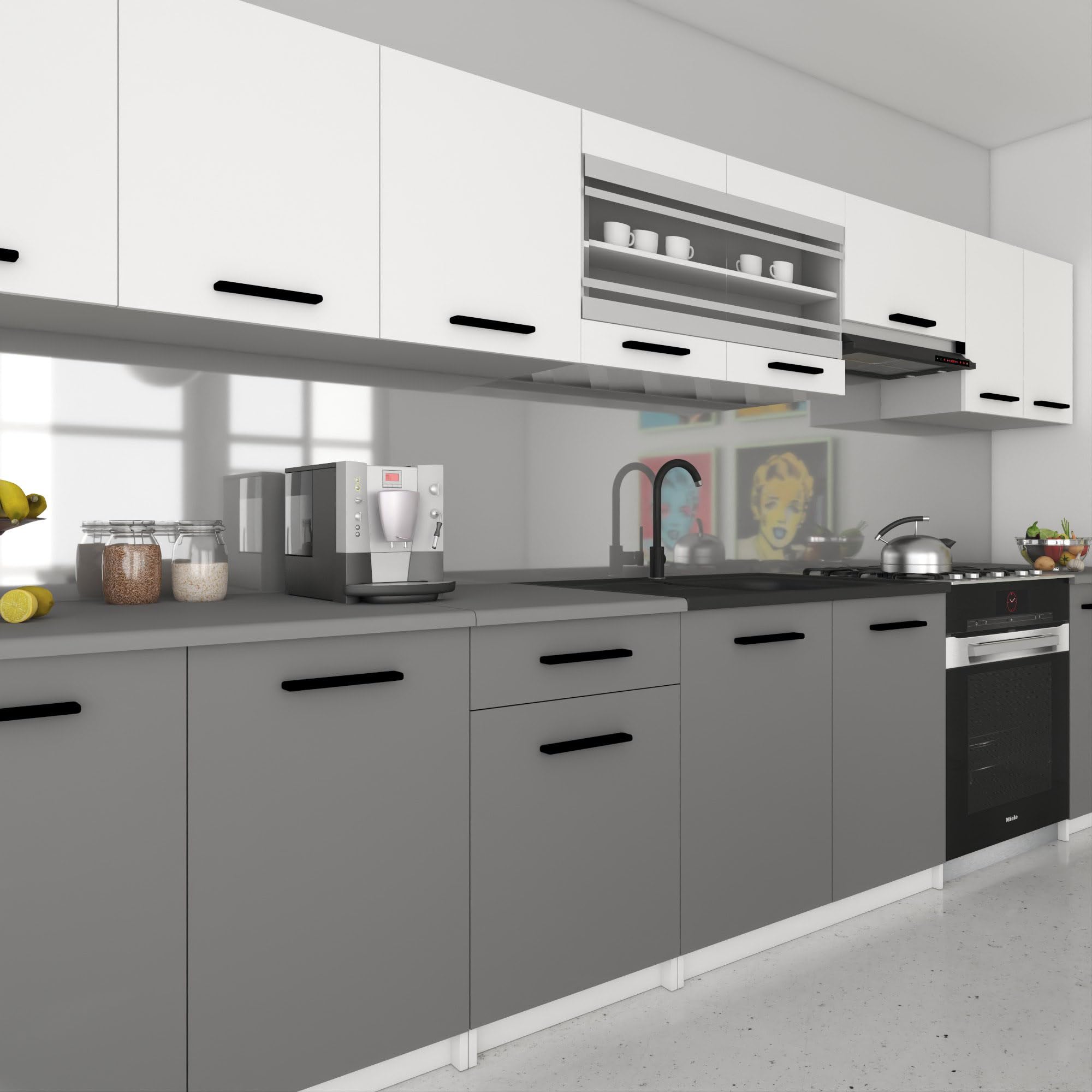 Belini Italia 3 Liniowa szafka kuchenna 320 cm biało-szara matowa | ECONATURA DECOR Liniowa szafka kuchenna, szafka, bez sprzętu AGD, z blatem roboczym