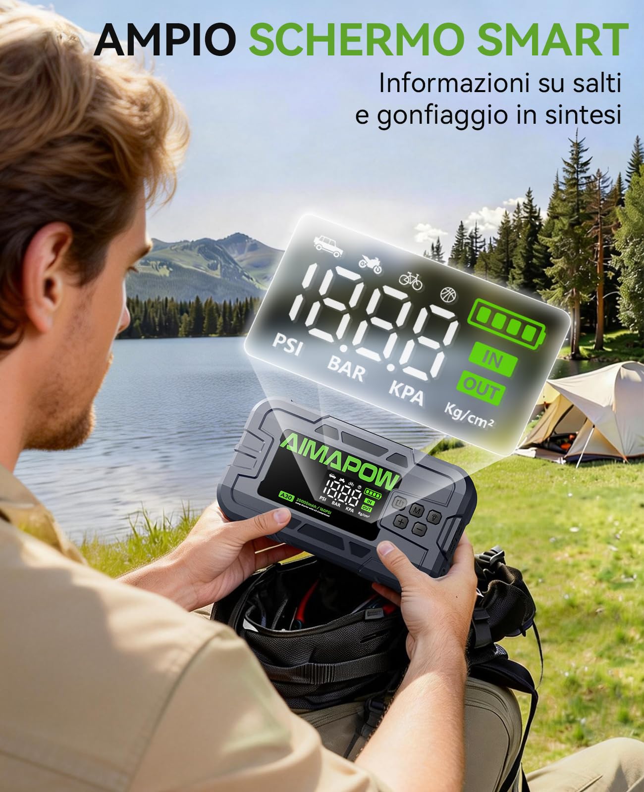 Avviatore Batteria Auto 8000A con Compressore 160PSI,Booster Batteria Auto 12V per Tutti i Motori Benzina e Diesel 12L,Avviatore Emergenza Auto con Display LCD 4.2", Torcia 600LM （Green）