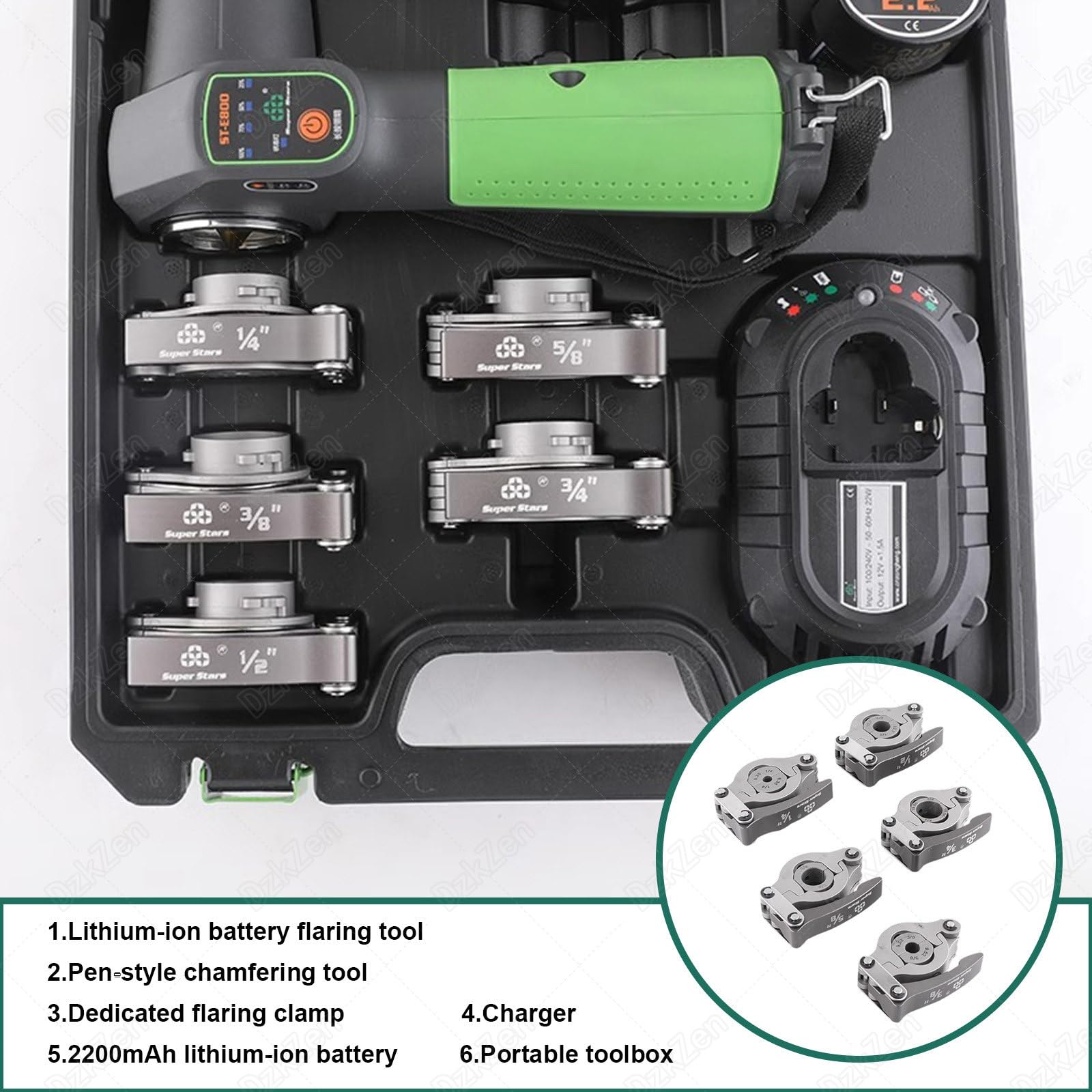 Kit di utensili elettrici per svasatura a 45° per tubi in rame, alluminio, ottone, 5 morsetti e luce da lavoro, adatto per tubi da 1/4" - 3/4", 2 batterie incluse