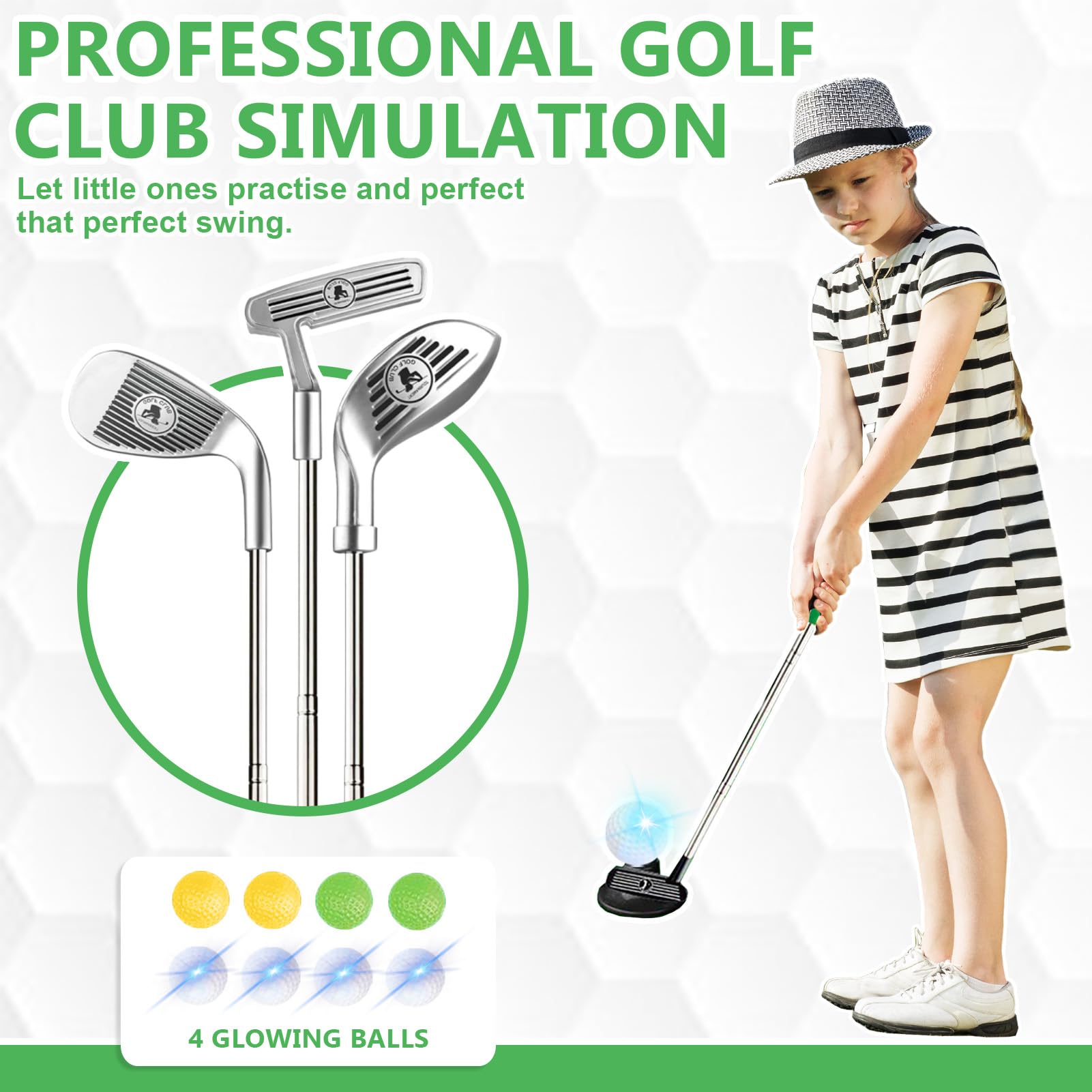 Mini Golf Set 18 pièces pour Enfants - Tapis de Putting avec Balles et Club - Cadeau pour Filles et Garçons (Jaune)