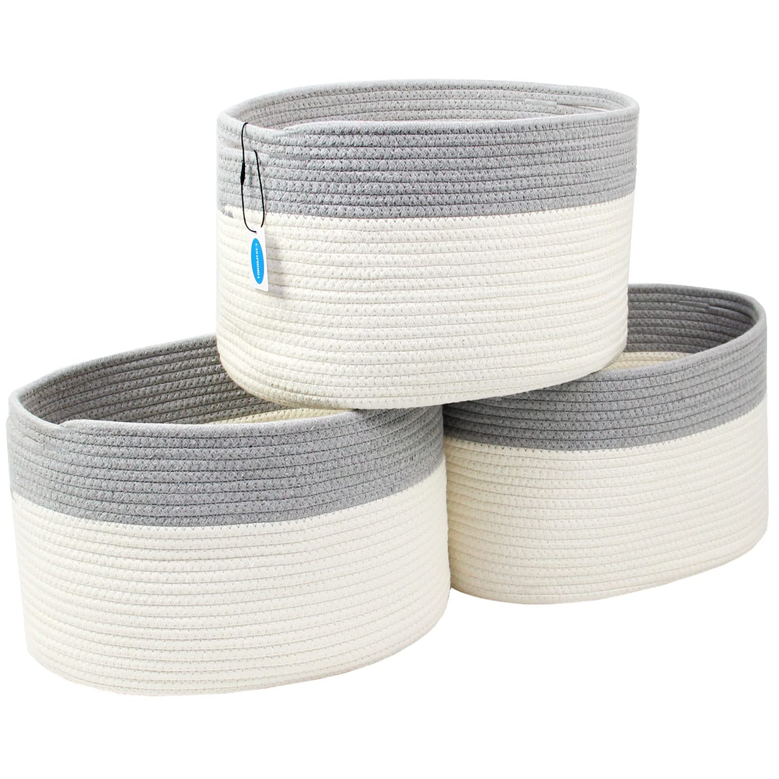 Casaphoria Cotton Rope Storage Baskets Bin Rope Basket Set of 3 Storage Cube Organizer Foldable Decorative Woven Basket for Clothes, Makeup, Books, 15"x 10"x 9",pack of 3, White and Brown