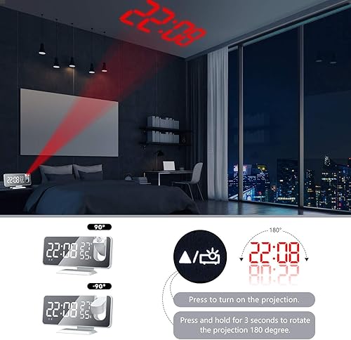 Miniatura 7 de Reloj despertador de proyección para dormitorio, reloj despertador digital con cargador USB, pantalla de espejo LED grande de 7.4 pulgadas, radio