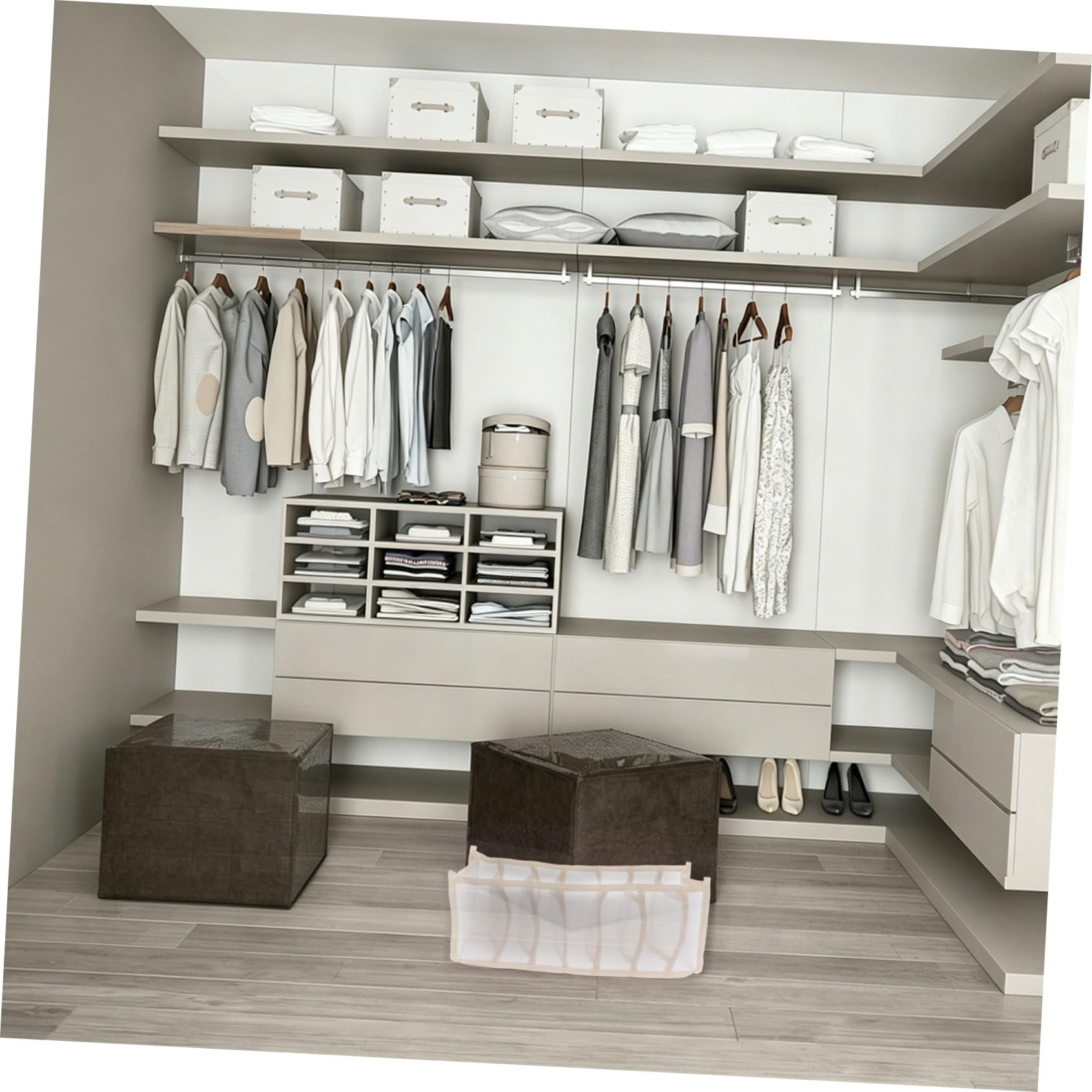 Boîte de Rangement Compartimentée 32x12x12 Cm en Maille Renforcée Beige, Organiseurs Pratiques, pour Chambre et Dressing, 7 Compartiments