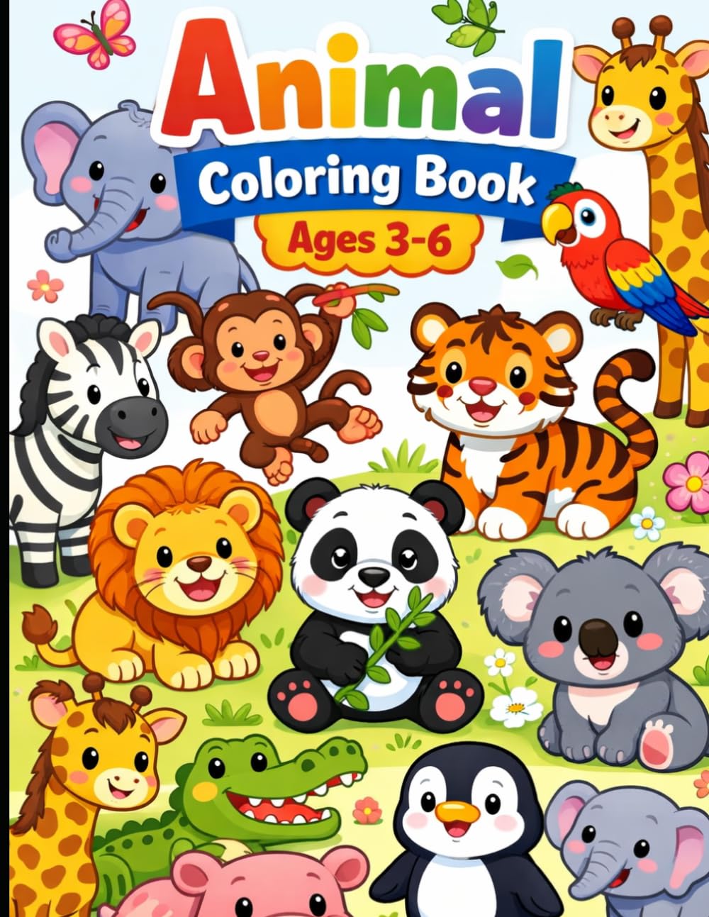 Animals Coloring Book for Kids Ages 3-6: 40 Cute Jungle & Safari Animal Coloring Pages for Toddlers, Preschool and Kindergarten Kids