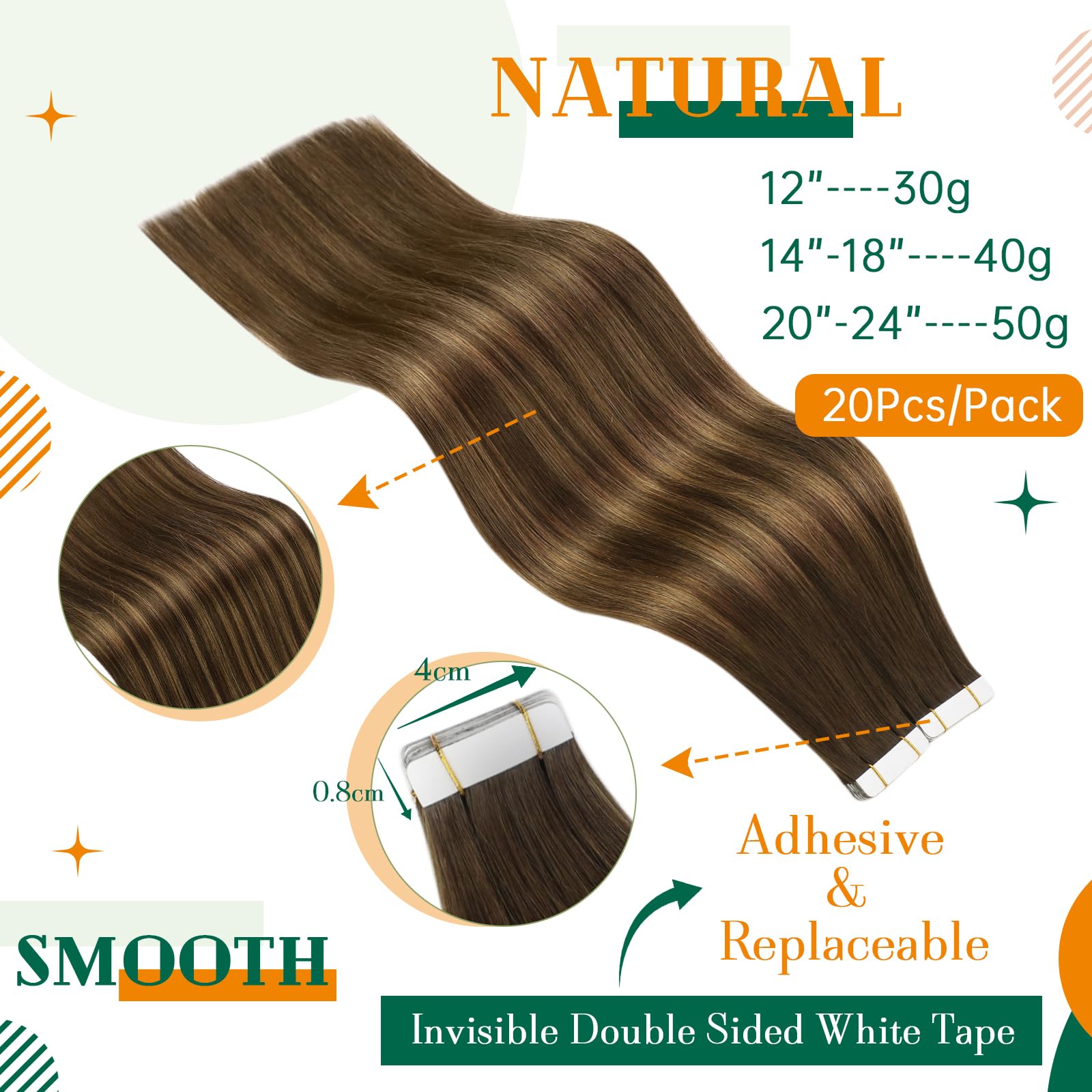 Easyouth Human Hair Tape in Extensions 18 Inch Brown Balayage Tape Hair Extensions Real Human Hair Ombre Brown Hair Extensions Tape in Human Hair Seamless 40g 20Pcs - Image 3