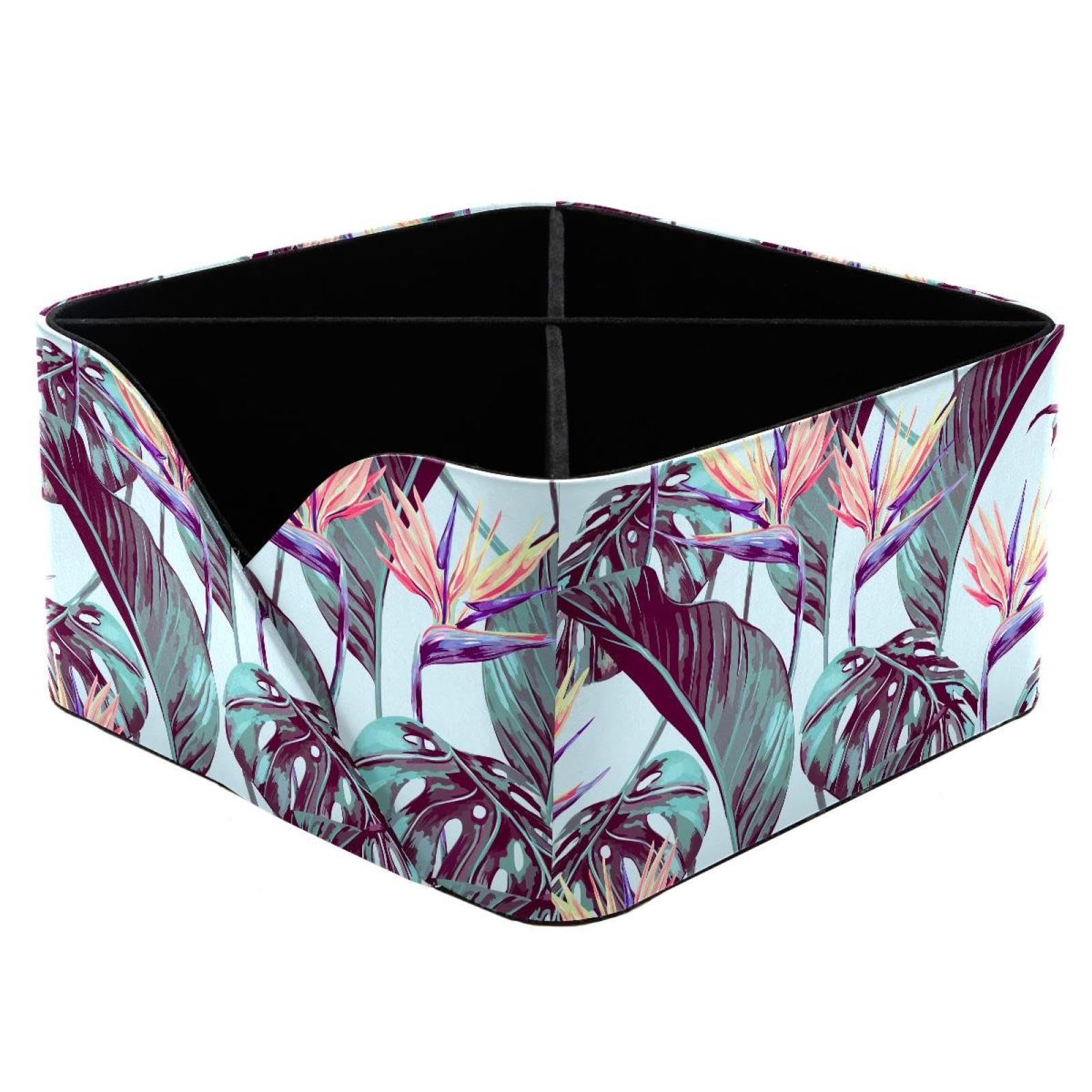 KengjuTesu Tropical Paradise Flowers Jungle Leaves Bird Pattern Desktop Organizer Pen Holder, Rectangular Pencil Cup for Office, Study and Makeup Stations