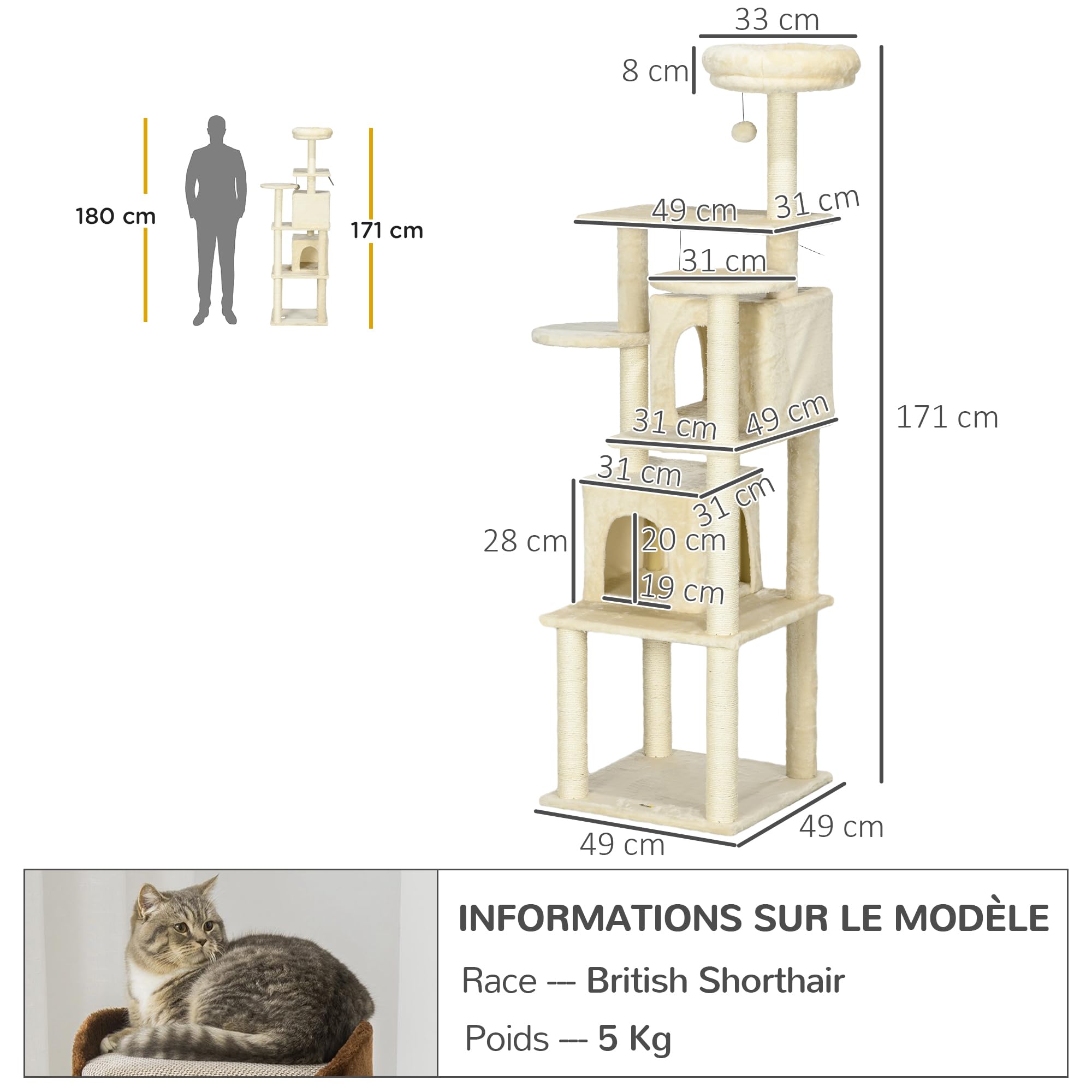 PawHut Albero per gatti albero di arrampicata albero tiragraffi torre gioco altezza 171 cm centro attività con 2 nicchie 6 piattaforme 2 pompons appesi beige