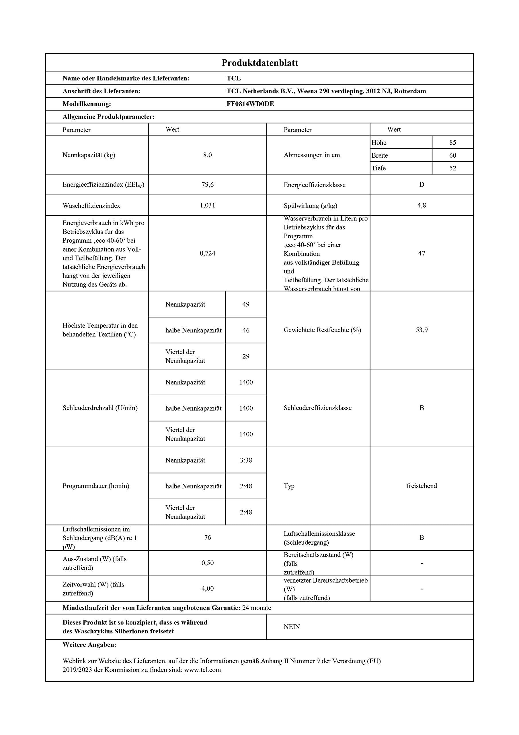 TCL - FP0814WD0DE - Frontlader-Waschmaschine (8 kg) - 1400 U/min - Energieklasse D - BLDC-Inverter-Motor - Touchscreen-Bedienungsanzeige