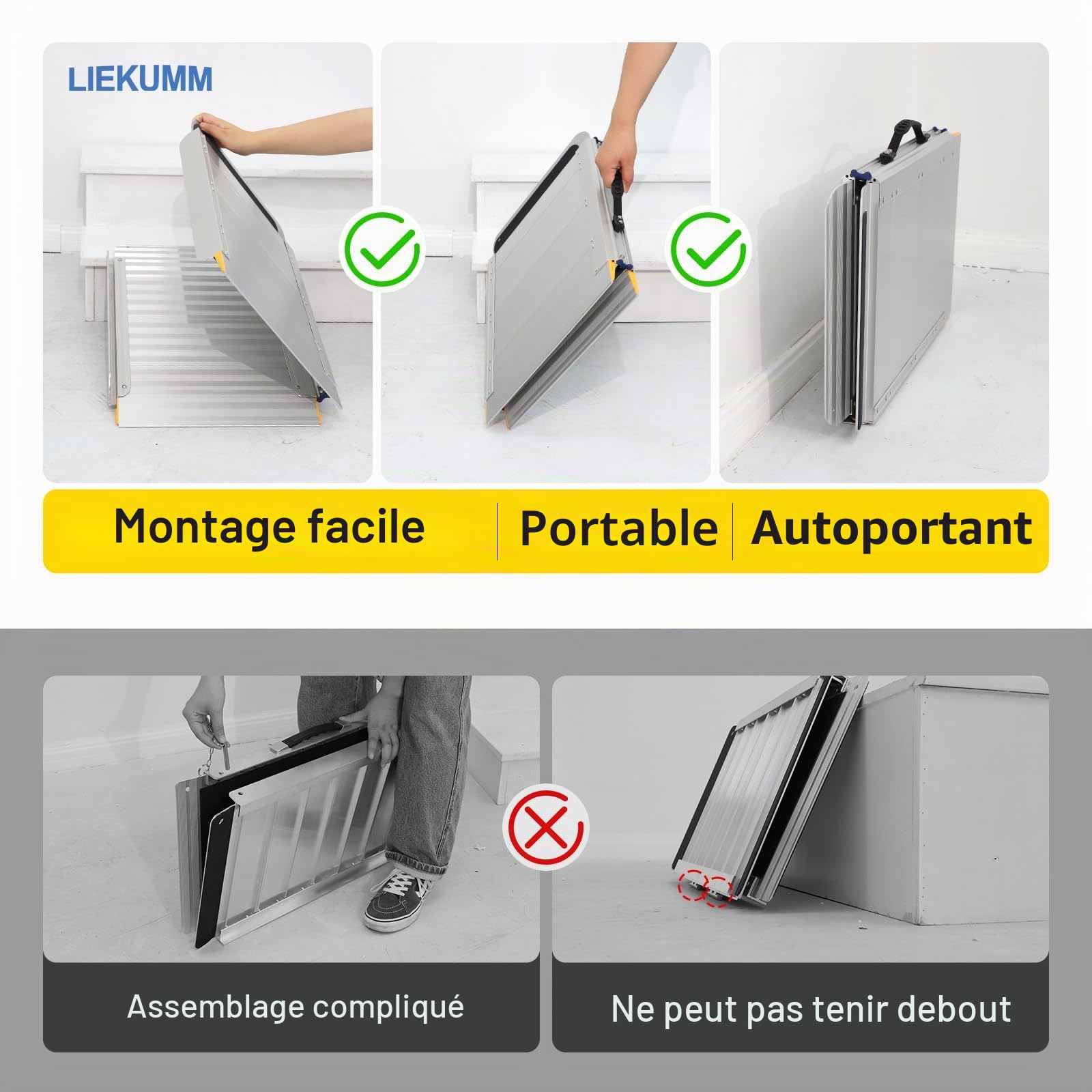 LIEKUMM Rampe de fauteuil roulant, 91 x 77 cm, 450 kg, pliable, aluminium, pour escaliers et trottoirs