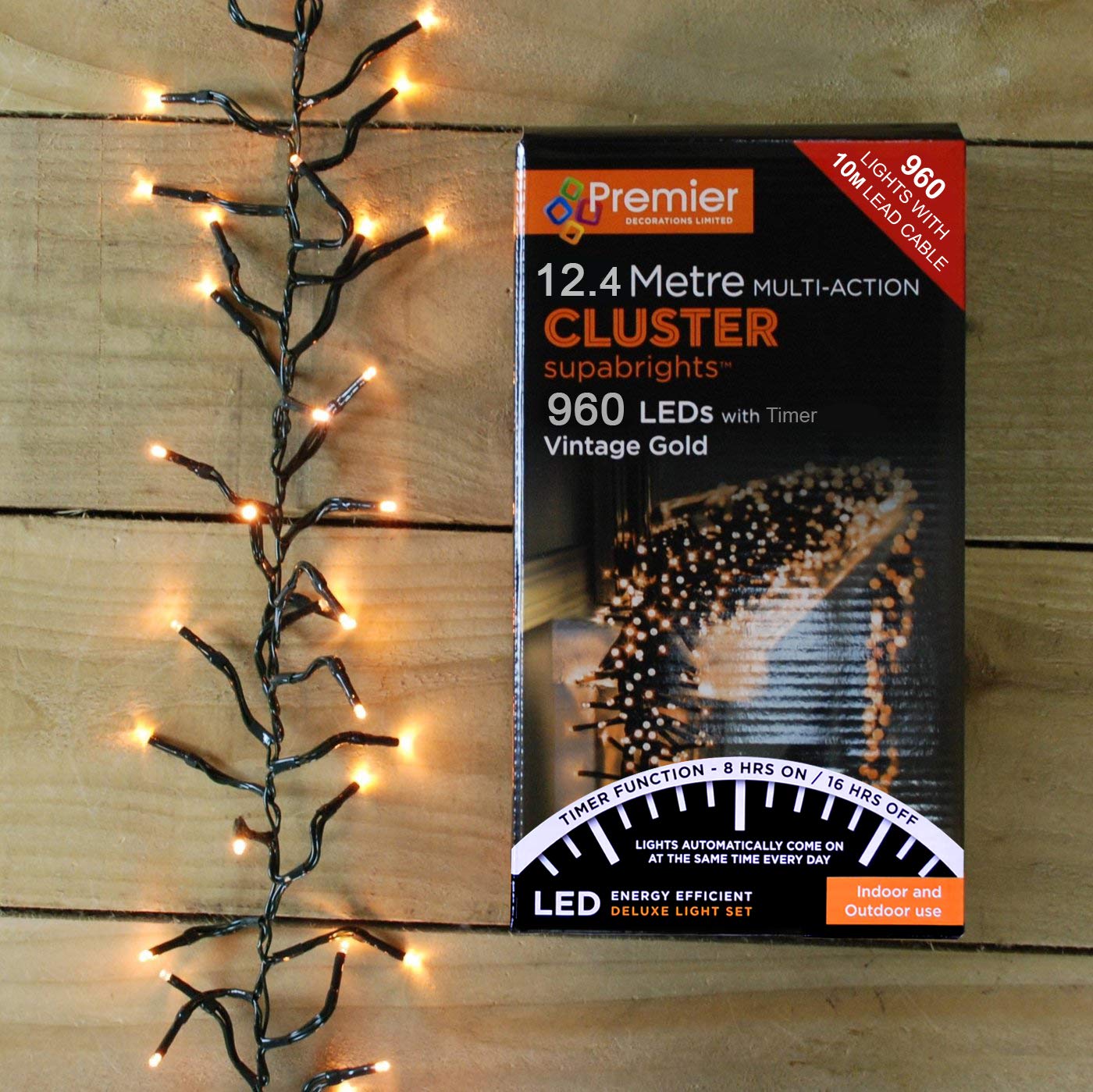 Vintage Gold 960 LED 12.4M Multi-Action Cluster Supabrights with Timer