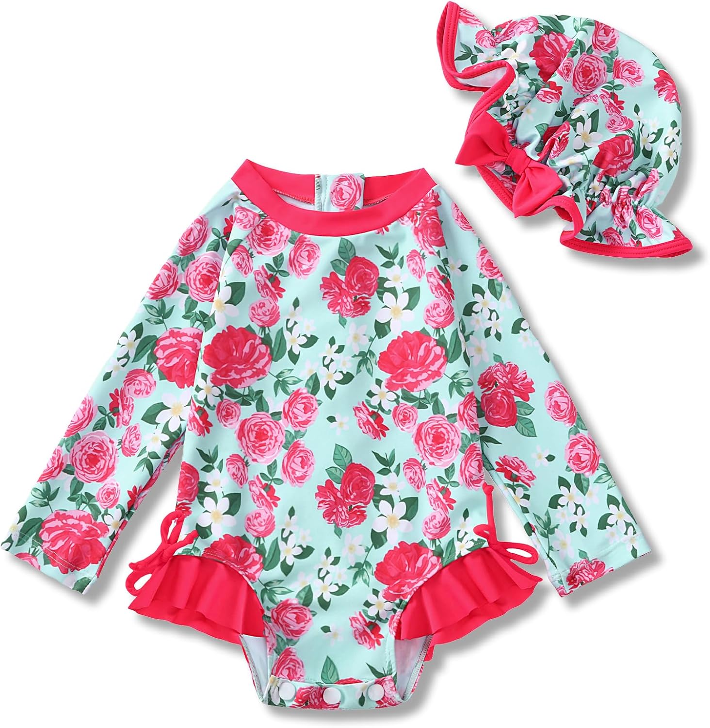 AMAWMW Infant Baby Girl Swimsuit Long Sleeve One-Piece Swimwear with Hat Rash Guard Floral Zipper Bathing Suit Beach Wear