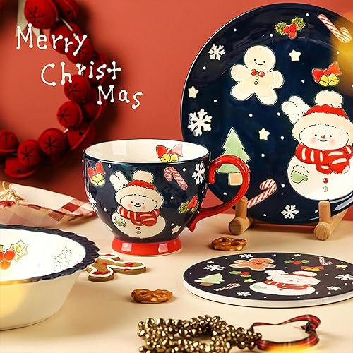 Miniatura 4 de CAPIJIONG Conejo de Navidad Pintado a mano Plato de desayuno Horno microondas Disponible Cerámica Hogar Pintado a mano Desayuno Leche Taza-Hombre de