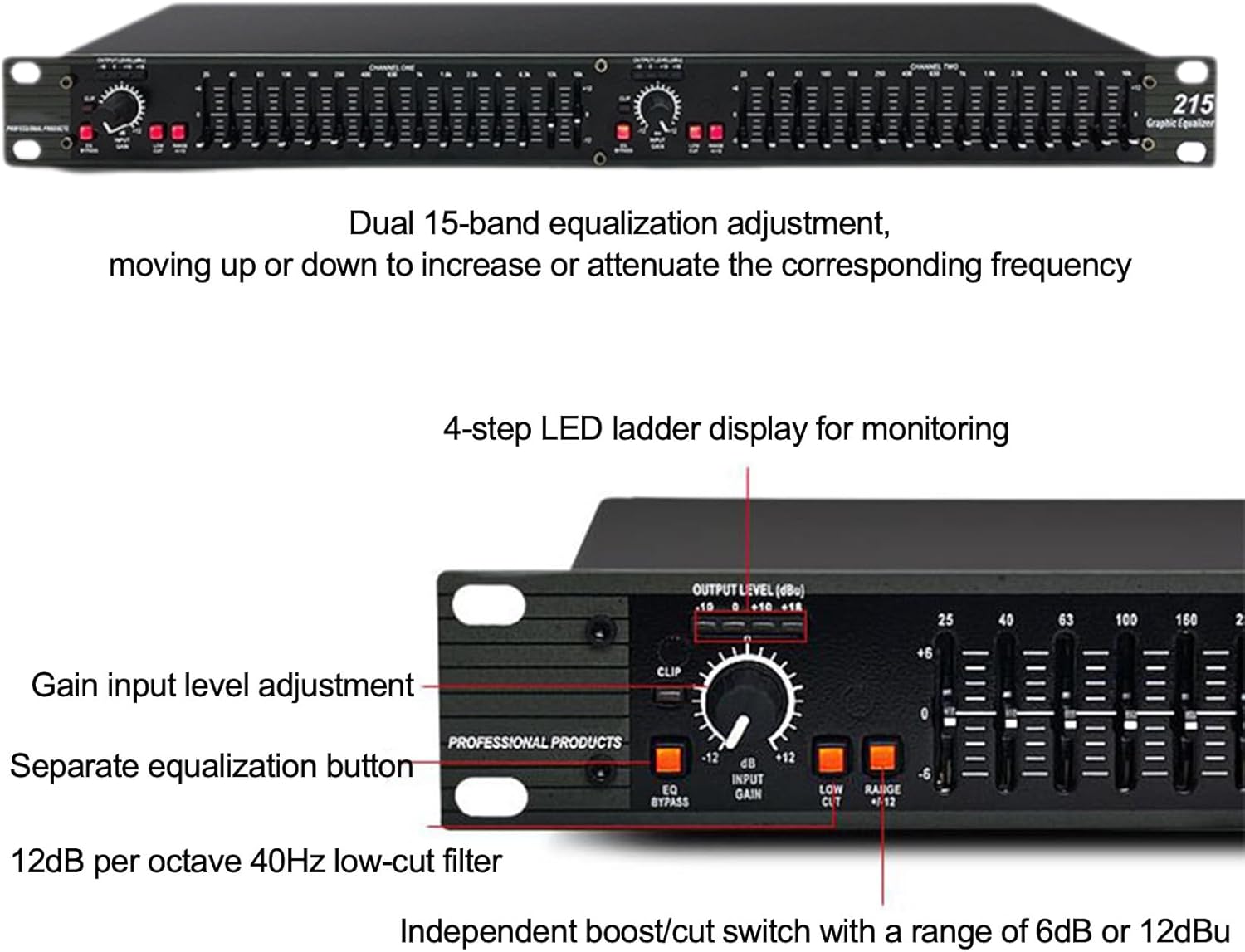 Digital Graphic Equalizer, Dual Channel 15-Band Stereo Equalizer for Home Audio, Professional Stereo EQ DJ Equalizer, 1U Rack Mount, By-Pass & Low-Cut Switch, Noise Reduction (EQ-215)