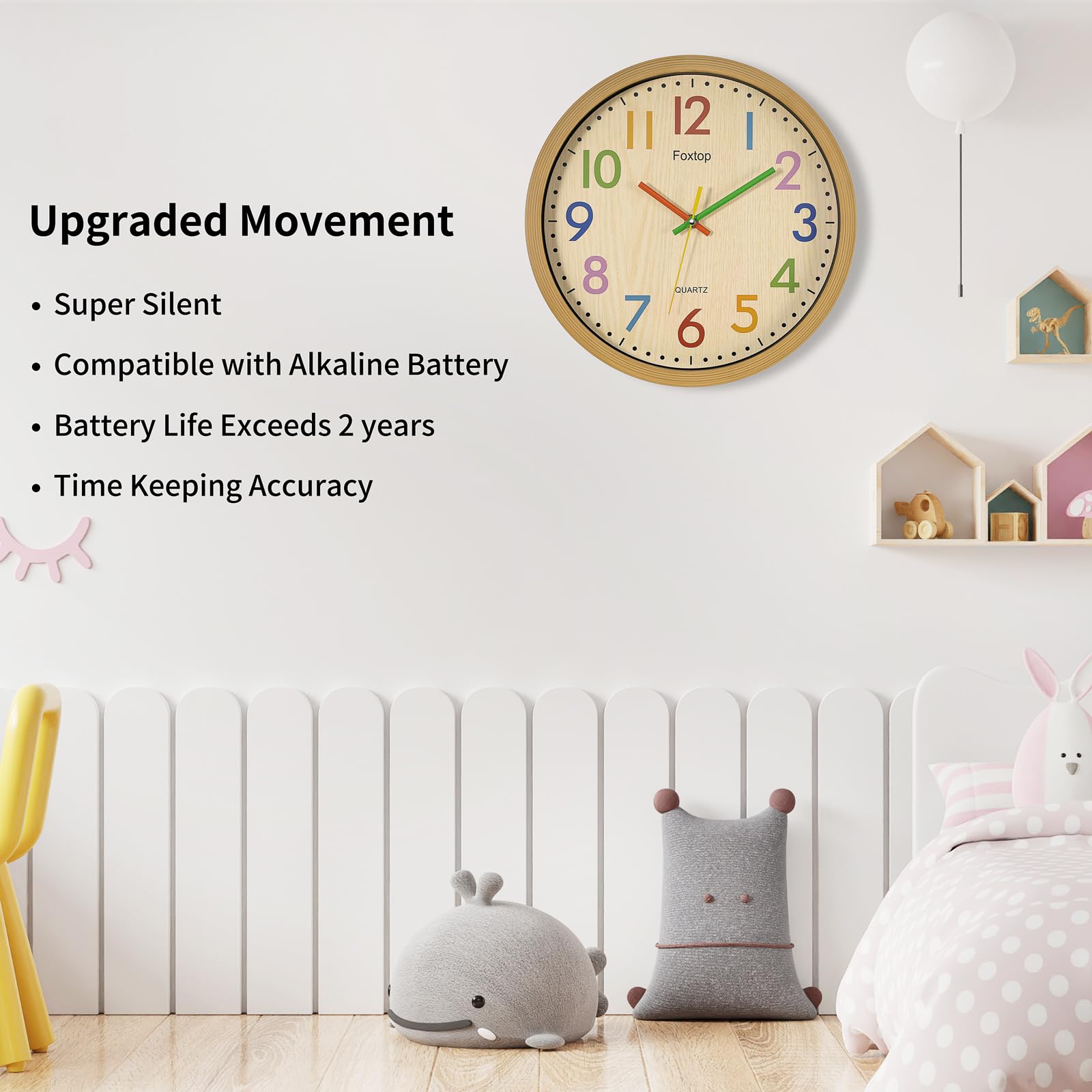 Foxtop Silent Kids Wall Clock 12 Inch Non-Ticking Battery Operated Colorful Childrens Clock for Classroom Playroom Nursery Bedrooms Kids Room School