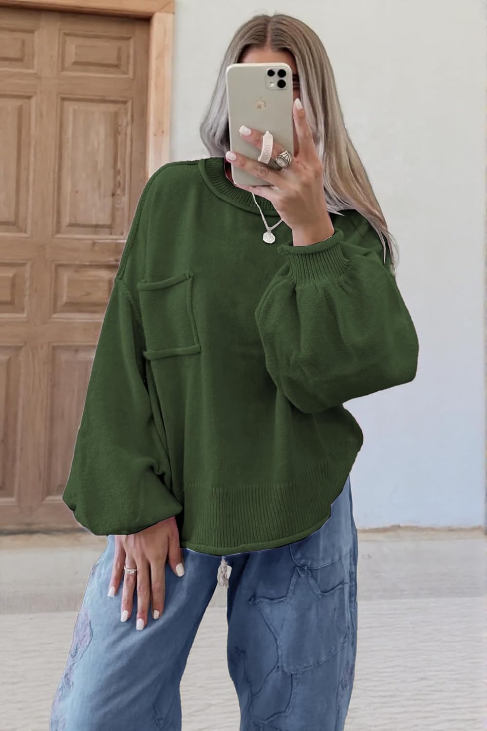 Women's Oversized Sweaters 2025 Fall Winter Casual Tops Lantern Long Sleeve Mock Neck Knit Pullover Sweaters with Pockets - Image 4
