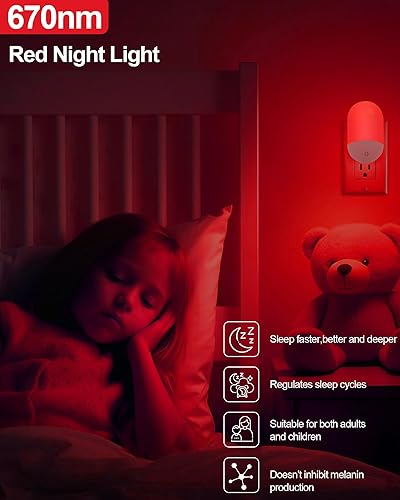 Miniatura 2 de Terapia de sueño con luz nocturna roja de 670 nm, paquete de 2 unidades, ayuda natural para dormir con sensor de atardecer a amanecer, luz nocturna