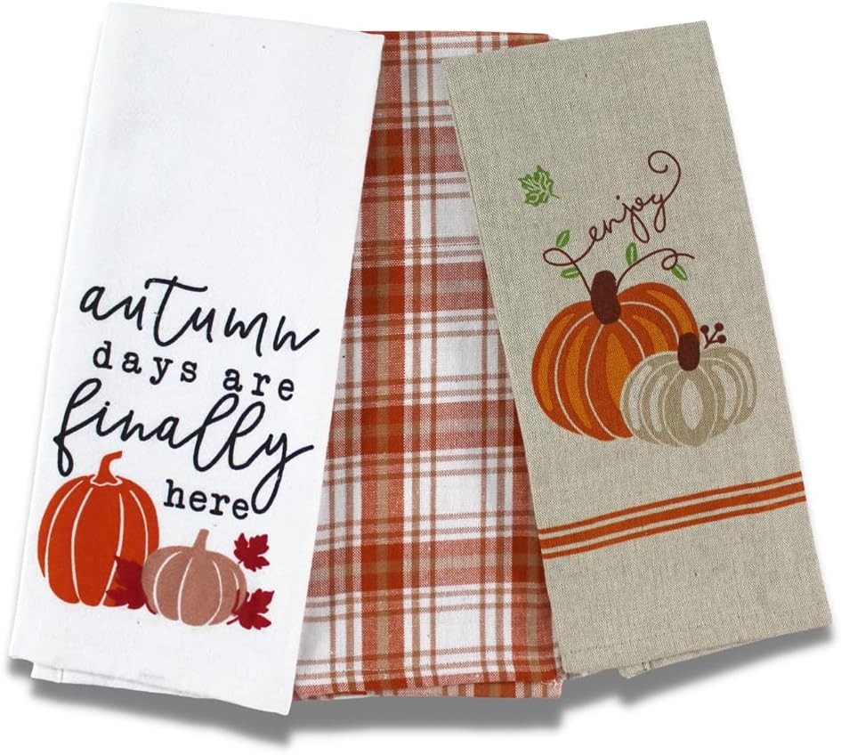Serafina Home Farmhouse Kitchen Dish Towels: Autumn Days are Finally Here, Enjoy! Pumpkin Theme (Design 4)