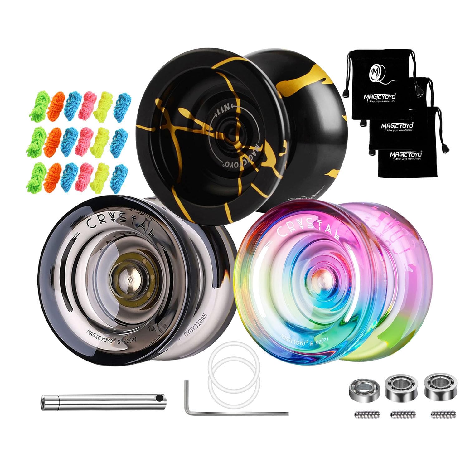 Pack of 3 MAGICYOYO Dual Purpose Trick Yoyos N11 Black Golden Unresponsive Alloy Professional Yo Yo + K2 Plastic Responsive Yo-yos with Bearings Kit + 3 Bags + 18 Strings