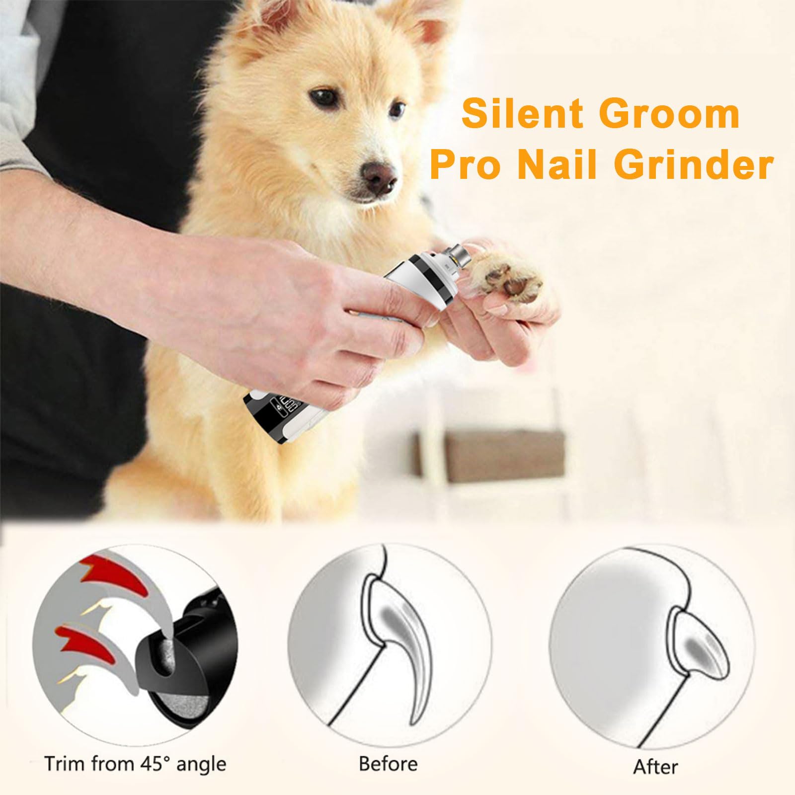 2026 Upgraded Silent Groom Pro Nail Grinder - 3-Speed Cordless Grooming Pro Nail Grinder, Pet Nail Trimmer with 2 LED Light,USB-C Rechargeable & 2 Grinding Wheels for Small Medium Large Dogs and Cats - image 6