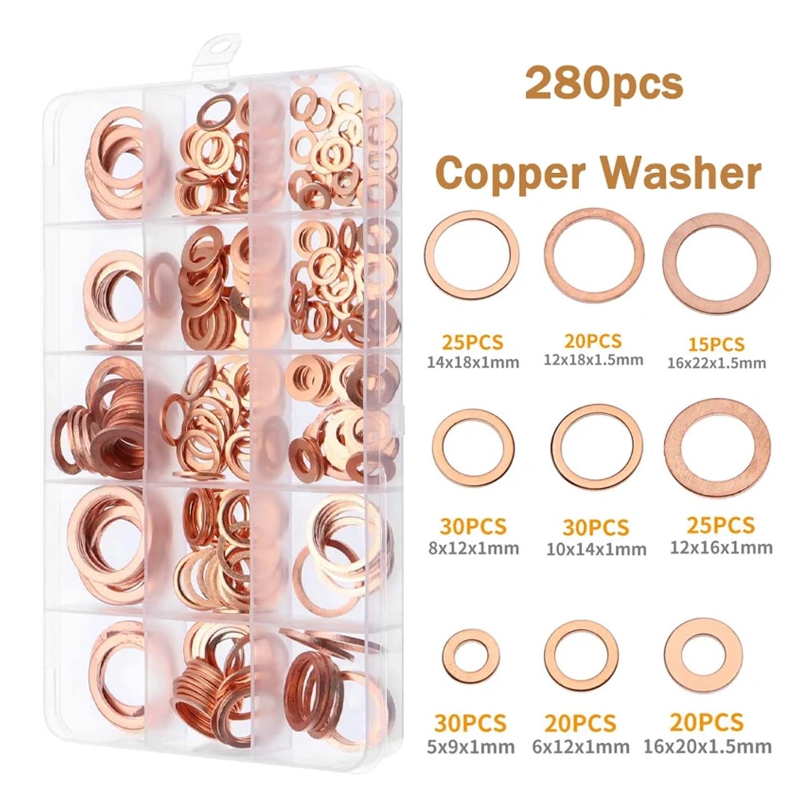 Accesorios de Hardware, 280 Piezas Aluminio/Cobre, arandela Junta, Tuerca Sellado, sólida, tapón cárter, Aceite for Barco, aplastamiento, Anillo Sello Plano, Herramienta(Copper)
