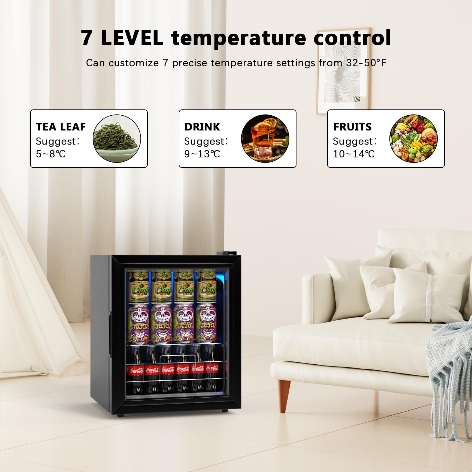 Geekman 75 Can Beverage Refrigerator, Freestanding Mini Fridge With Glass Door And Adjustable Shelving, Small Beverage Fridge For Beer, Soda Drink And Wine, Perfect For Home, Office, Dorm, And Bar on Fridge.com - View 5