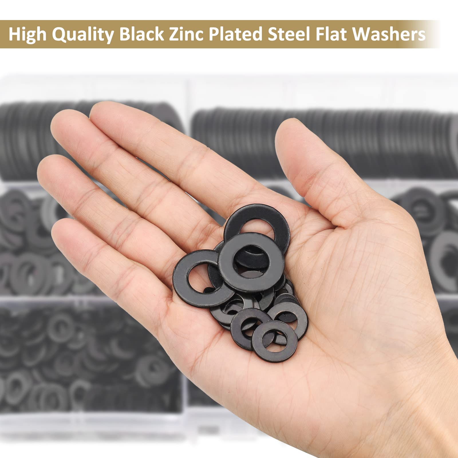800 Piece Black Zinc Flat Washer Assortment - 9 Sizes Fender Washers Kit With Storage Box