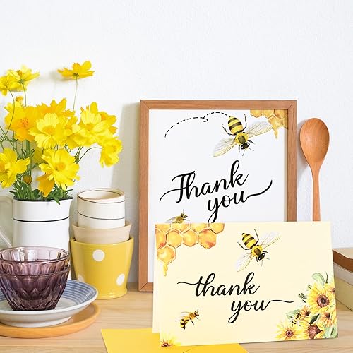 Miniatura 6 de AnyDesign Tarjetas de agradecimiento de abeja, paquete de 36 notas de agradecimiento con calcomanías de sello a juego, sobres amarillos, tarjeta de