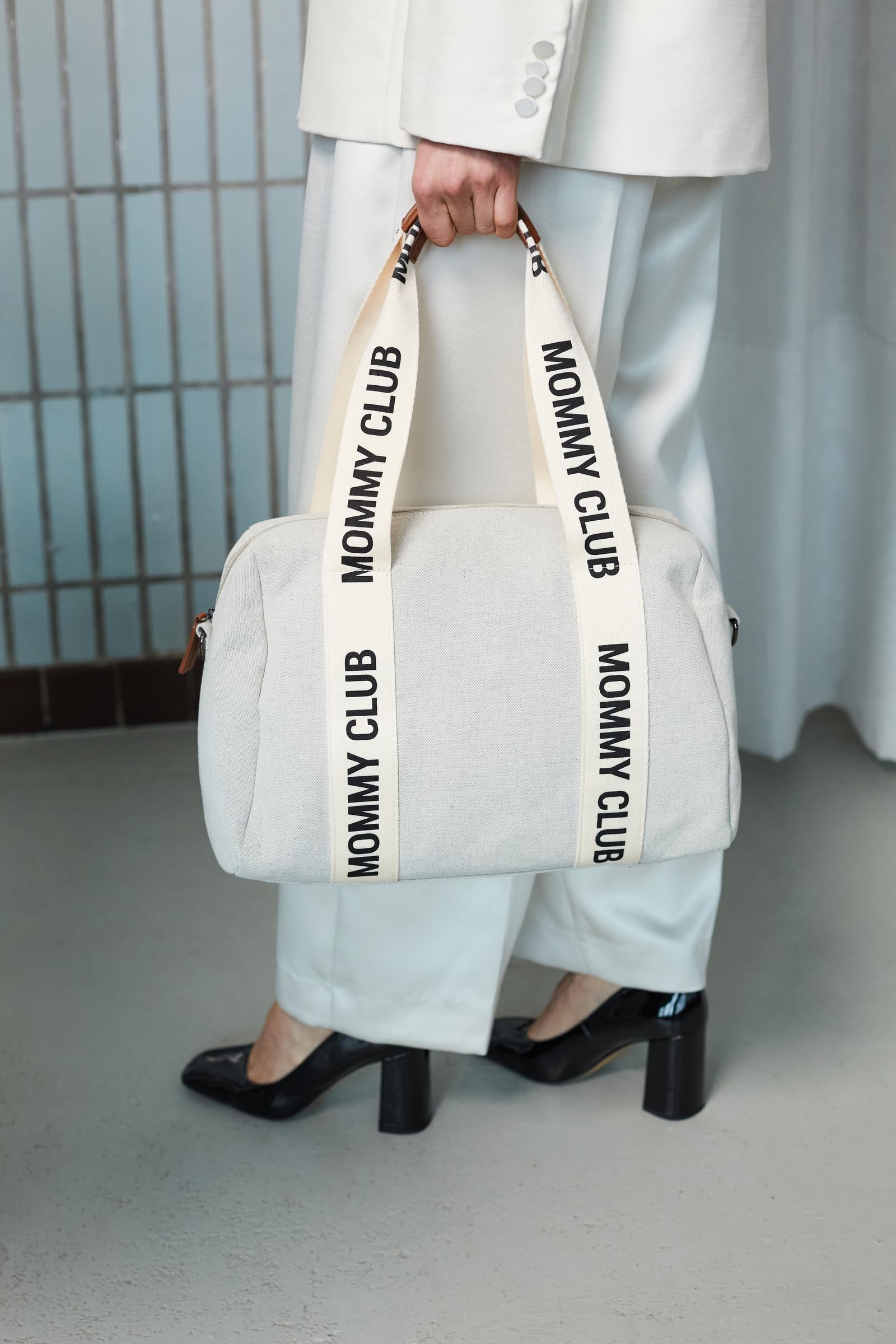 CHILDHOME, Borsa fasciatoio, Mommy Bag, Fasciatoio incluso, Ampio spazio, Attacco per passeggino, Tracolla, Cotone, 22L, Mommy Club Signature, Ecru