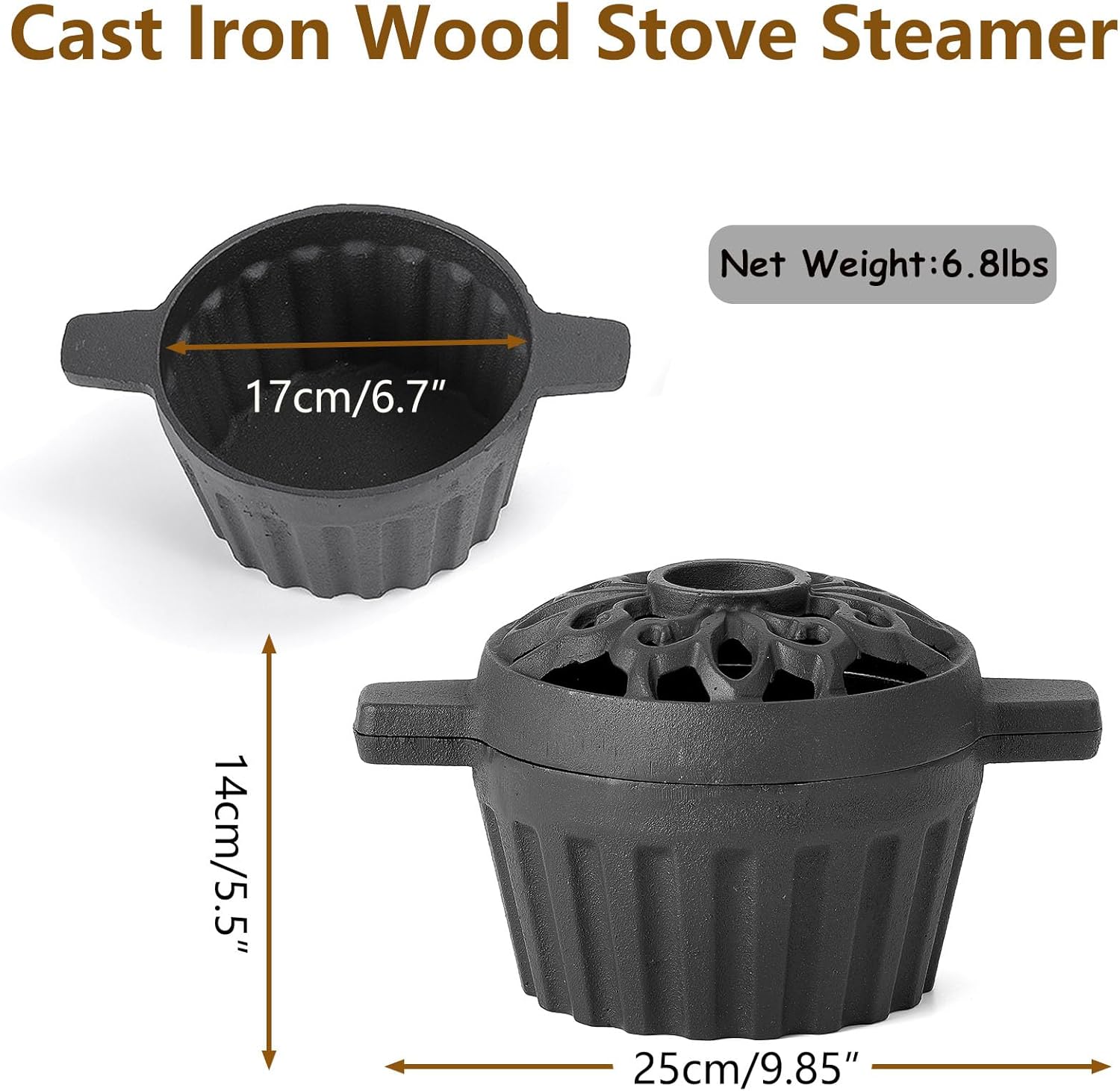 Cast Iron Steamer for Wood Stove Humidifier Woodstove Pot with Hollow Carved Lid, Matte Black Finish, 1.32 Quart Capacity, Indoor Decorative