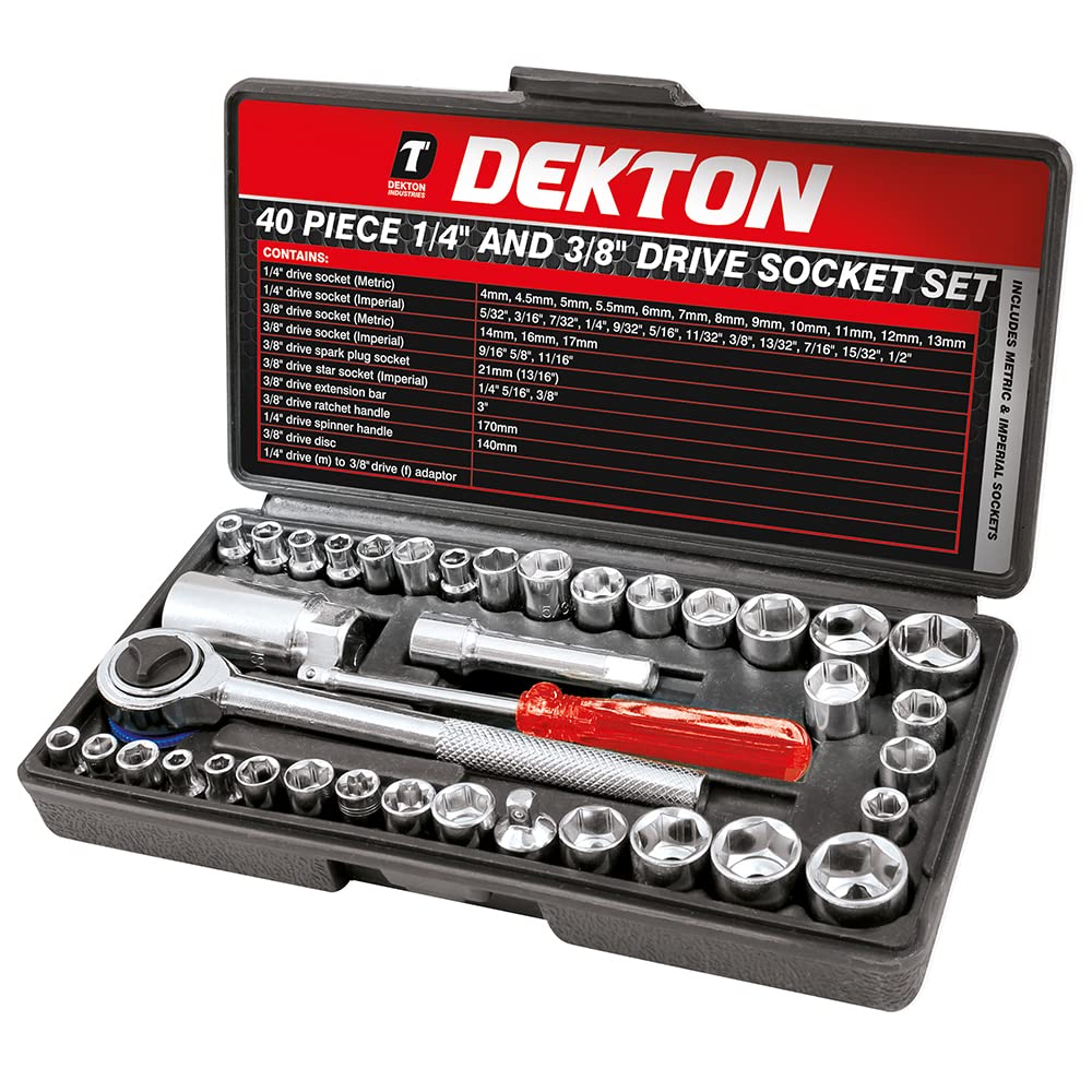 Dekton 40-Piece Drive Socket Set | Includes Ratchet Handle, Extension Bar, Adaptor and Metric & Imperial Sockets | Features Spark Plug & Spline Sockets with | Ideal for Versatile Applications