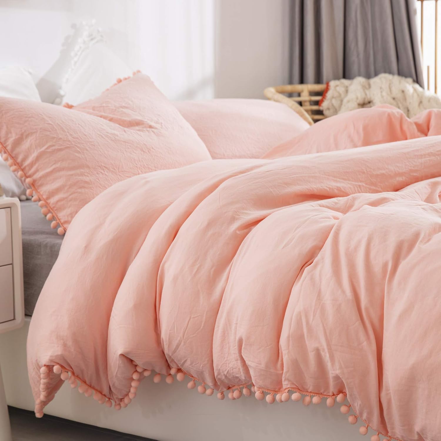 Pink Duvet Cover Double Pom Pom Tassels Design Soft Brushed Microfiber