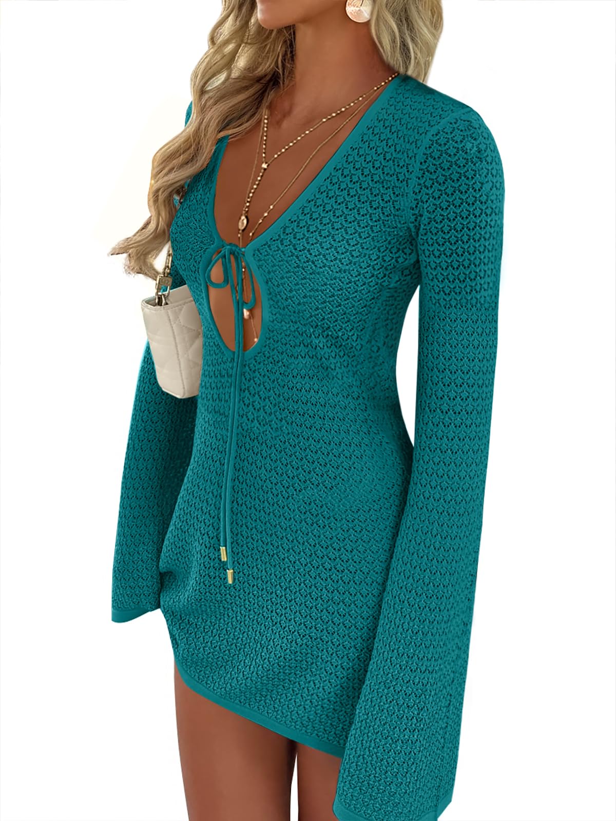 ANRABESS Swimsuit Cover Up for Women Crochet Bathing Suit 2026 Summer Swimwear V Neck Mesh Knit Dress Beach Vacation Clothes