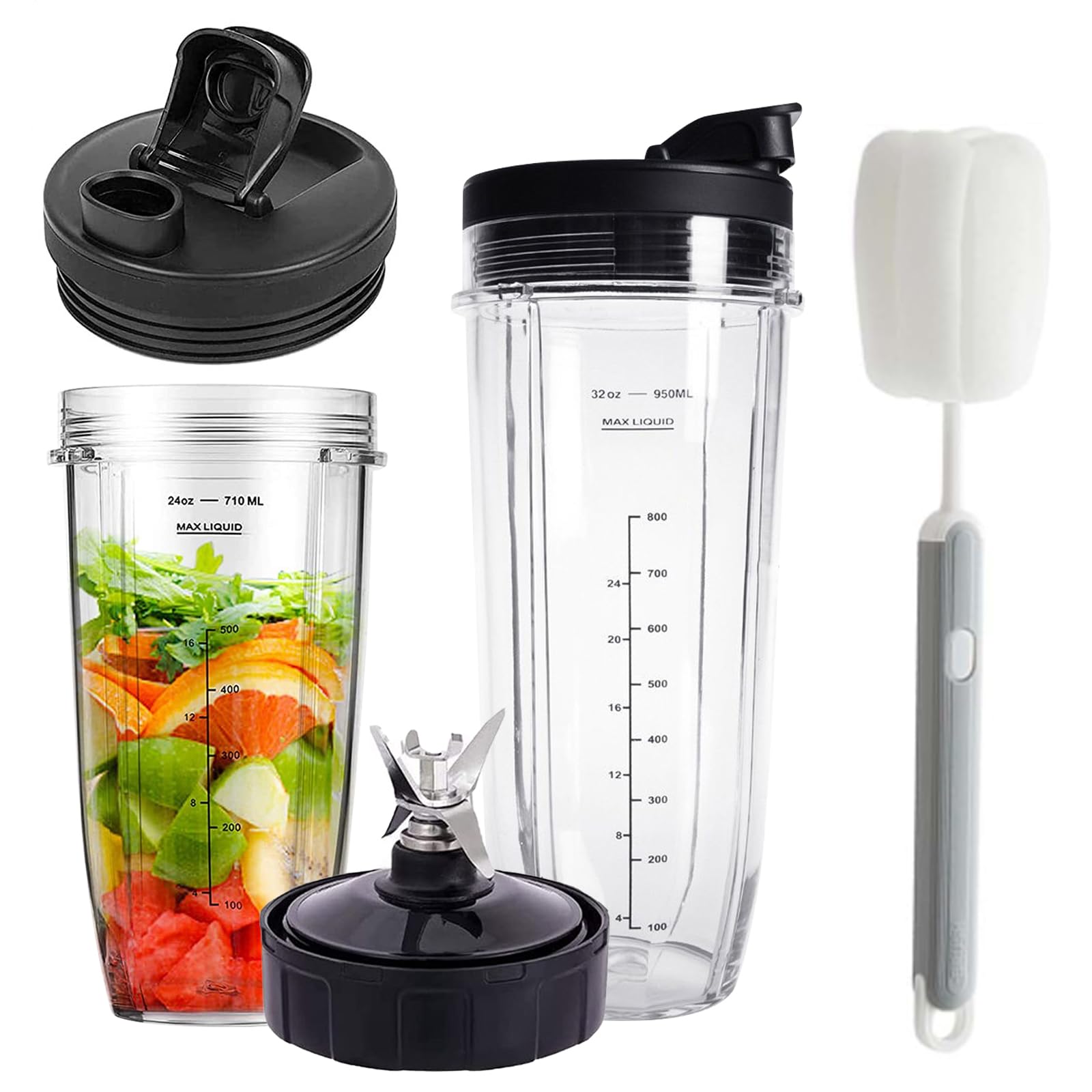 6 sztuk części zamiennych do blendera - 2 kubki do miksowania 24oz / 2-częściowy kubek do sokowirówki 710 ml + szczotka do czyszczenia z 2 przenośnymi pokrywkami + zapasowe ostrze sokowirówki