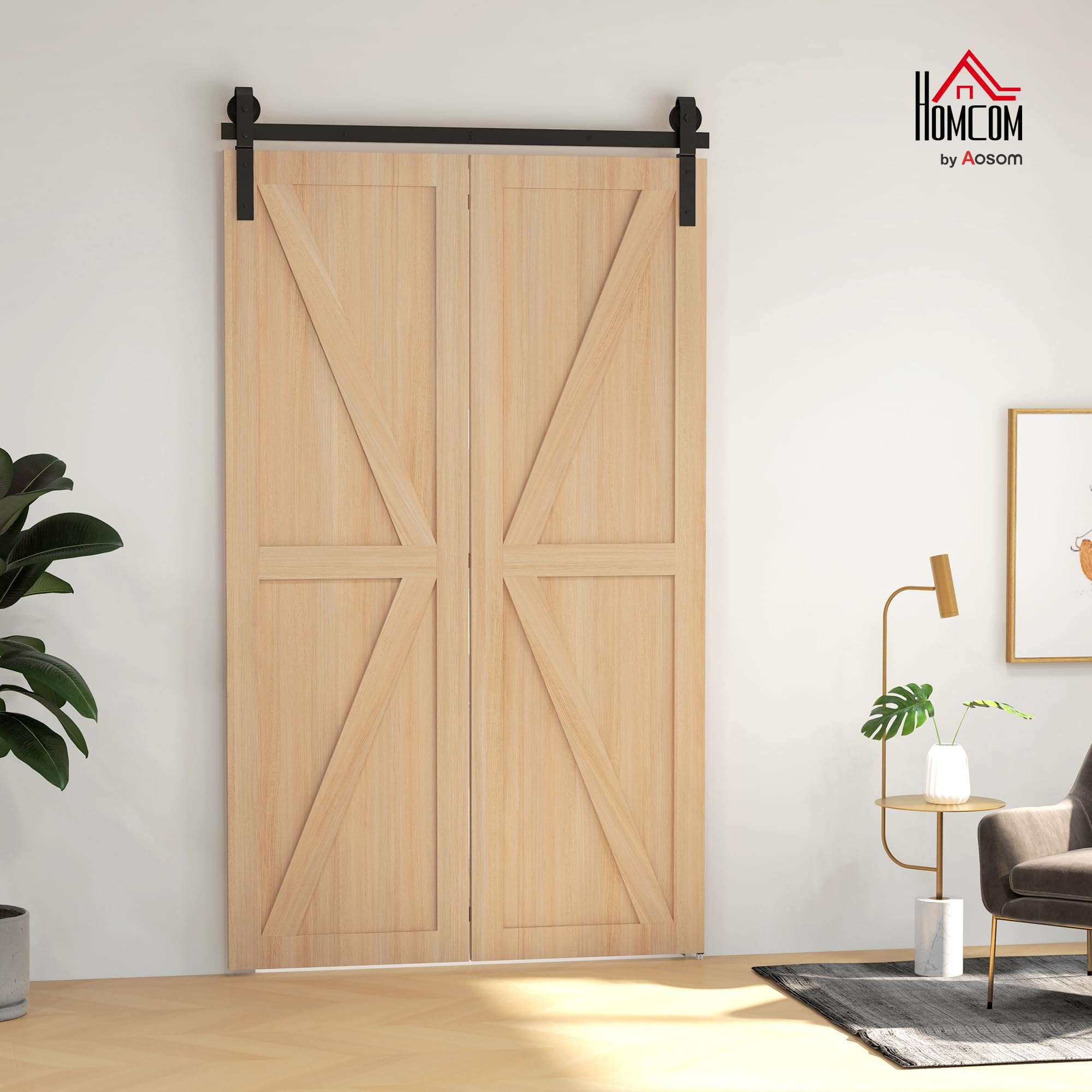 HOMCOM 122 CM Quincaillerie de Porte Coulissante Pliante 2 Portes Noir | Kit de Rails de Porte Coulissante Pliable, en Acier, avec Cintre en Forme de J