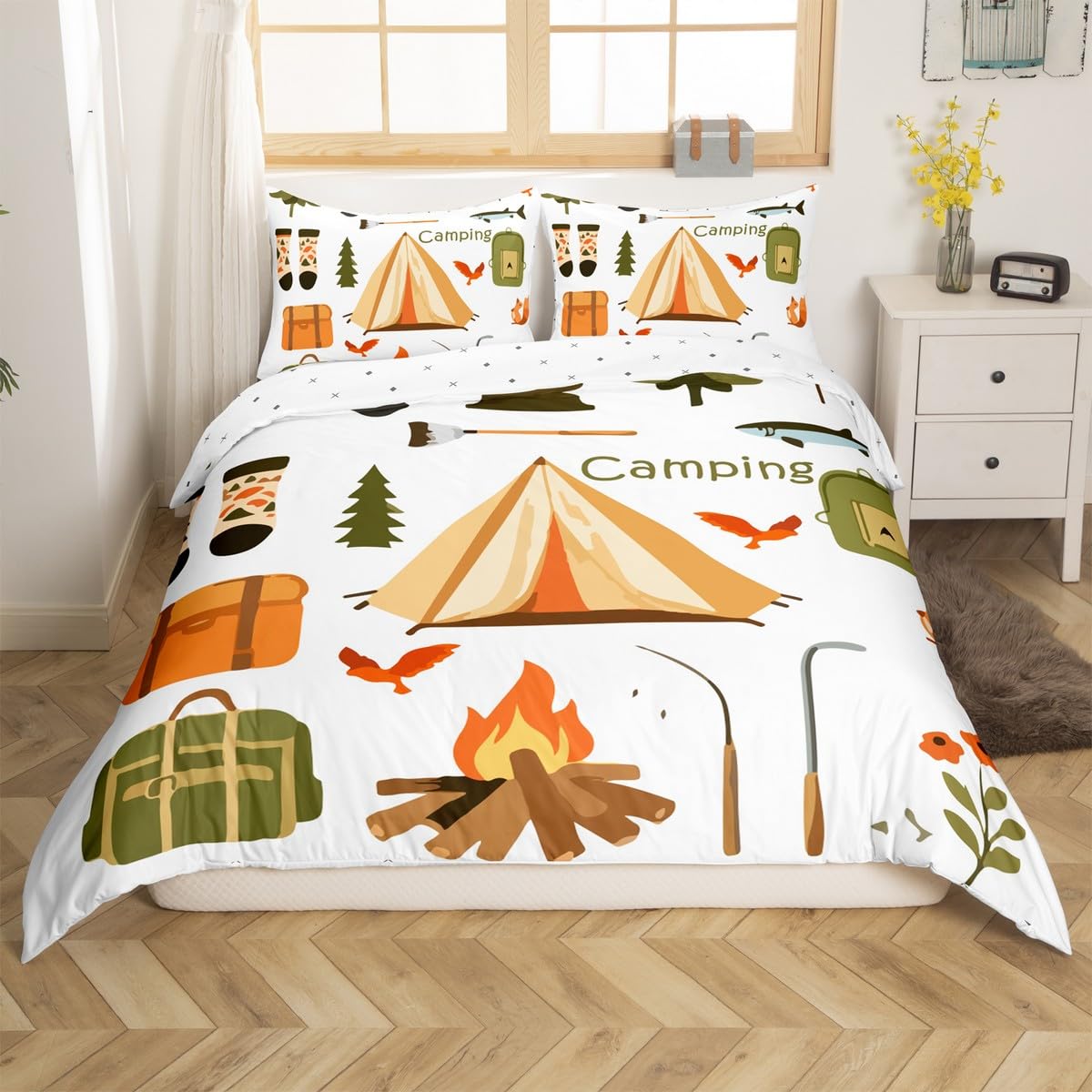 Loussiesd Happy Camping zestaw poszewek na kołdrę w rozmiarze king size dla dzieci, chłopców, dziewcząt, nastolatków, akcesoria do przyczep podróżnych, zestaw pościeli, ognisko, poszewka na kołdrę z 2